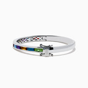 The Mosaic 925 Sterling Silver Multi Color Bangle features rectangular, multicolored gemstones set in a row along its outer surface and is displayed on a white background.