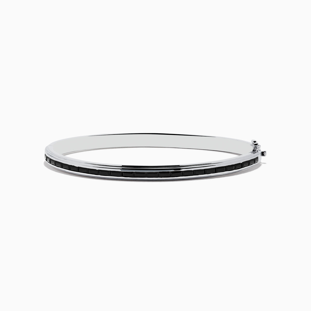 The 925 Sterling Silver Black Spinel Bangle features a sleek design with a row of rectangular black spinel stones set along the center.