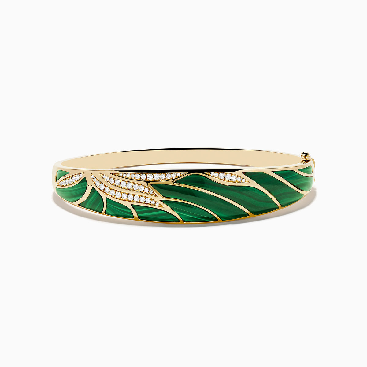 The 14K Yellow Gold Malachite and Diamond Inlay Bangle features green malachite with diamond accents in a leaf-inspired pattern for an elegant, eye-catching look.