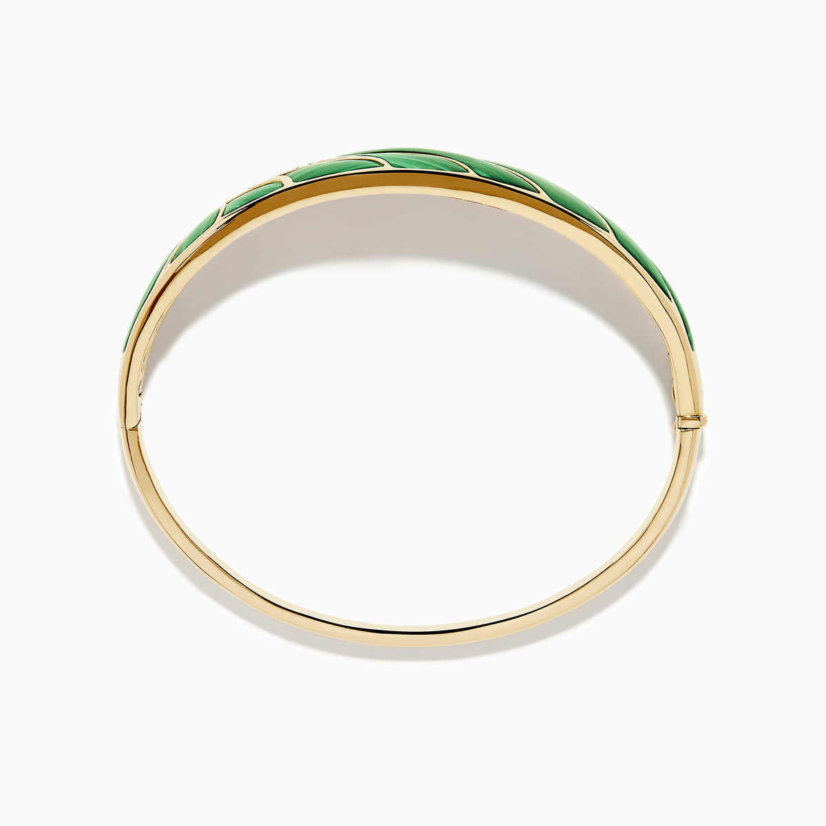 The 14K Yellow Gold Malachite and Diamond Inlay Bangle features green malachite with diamond accents in a leaf-inspired pattern for an elegant, eye-catching look.