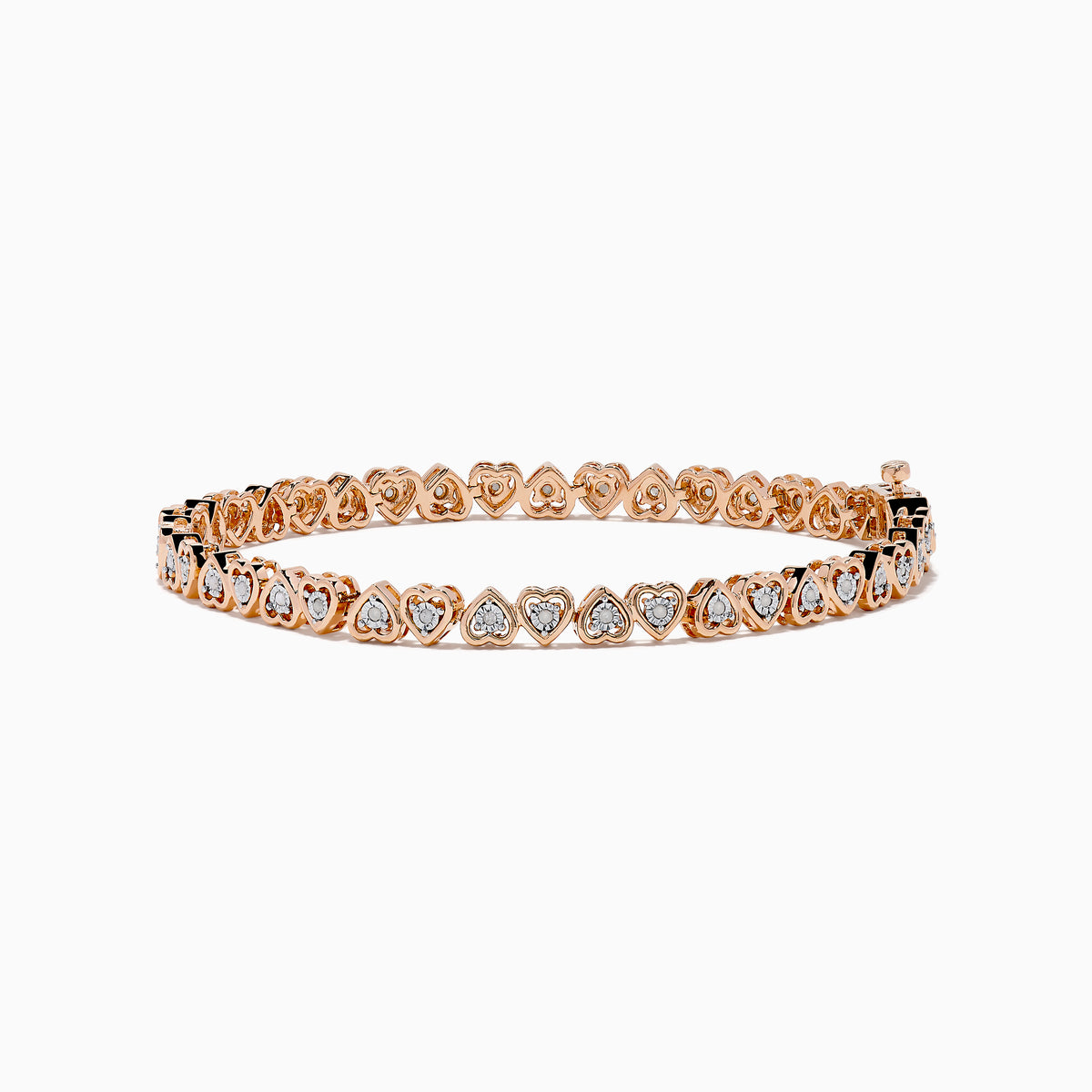 A Rose Plated Sterling Silver Diamond Hearts Tennis Bracelet, featuring alternating heart-shaped links with sparkling diamonds, is displayed against a white background.