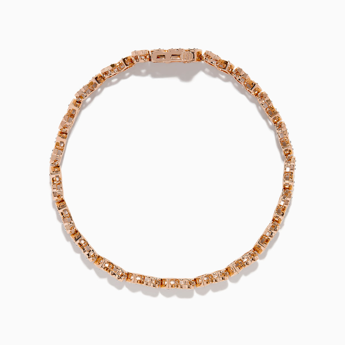 A Rose Plated Sterling Silver Diamond Hearts Tennis Bracelet, featuring alternating heart-shaped links with sparkling diamonds, is displayed against a white background.