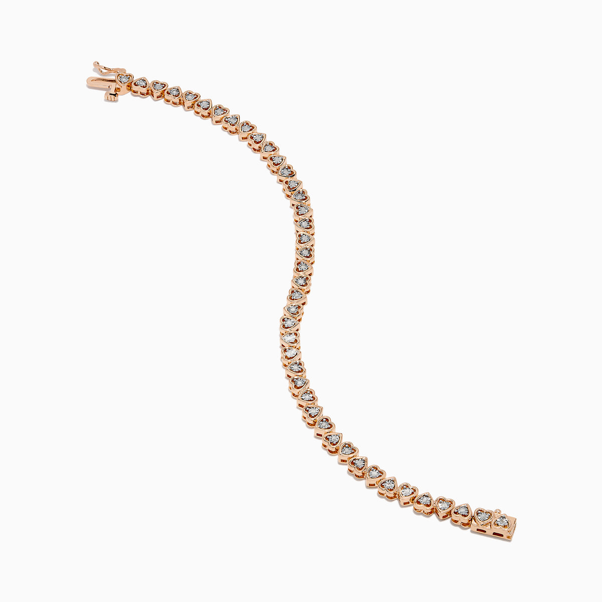 A Rose Plated Sterling Silver Diamond Hearts Tennis Bracelet, featuring alternating heart-shaped links with sparkling diamonds, is displayed against a white background.