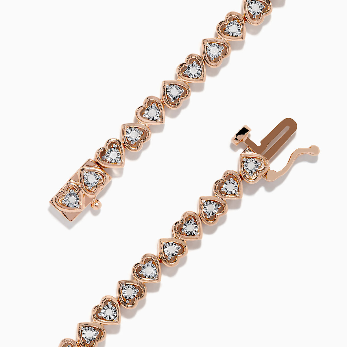 A Rose Plated Sterling Silver Diamond Hearts Tennis Bracelet, featuring alternating heart-shaped links with sparkling diamonds, is displayed against a white background.
