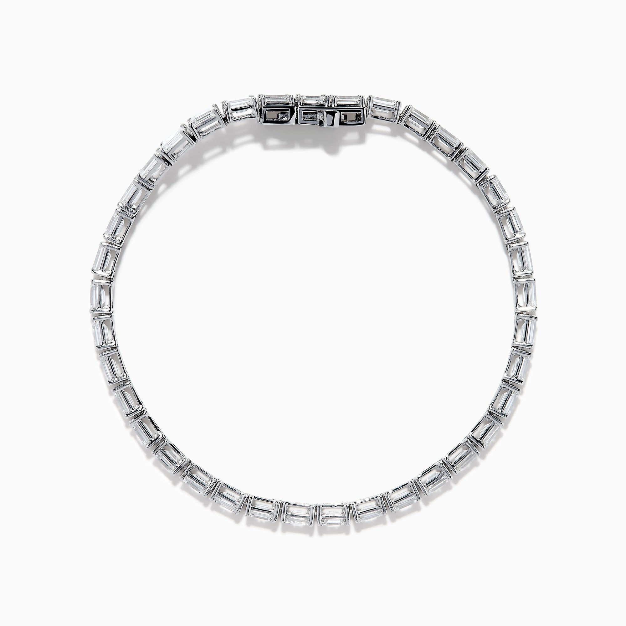 A Lab Grown Emerald Cut Diamond 7.50ct Tennis Bracelet in 14K White Gold is shown, featuring a continuous row of rectangular lab grown diamonds on a plain white background.