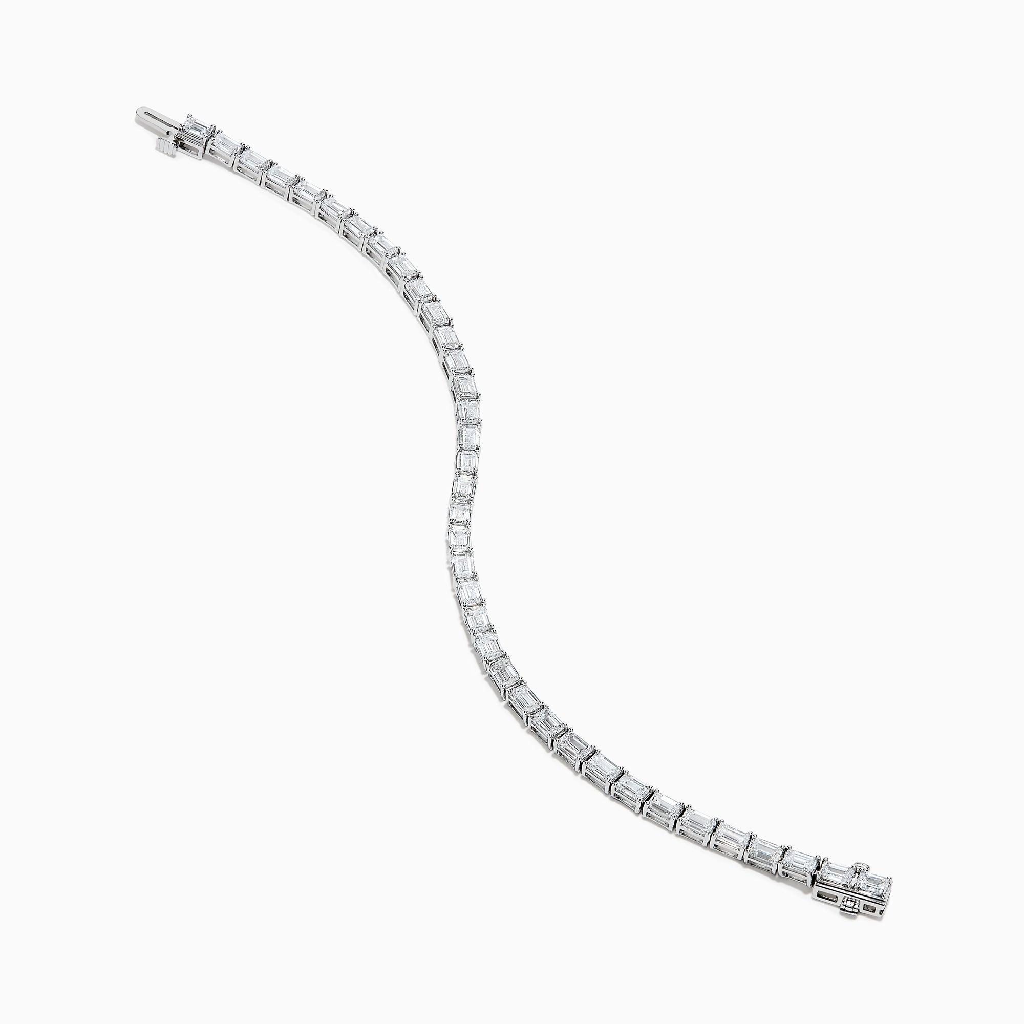 A Lab Grown Emerald Cut Diamond 7.50ct Tennis Bracelet in 14K White Gold is shown, featuring a continuous row of rectangular lab grown diamonds on a plain white background.