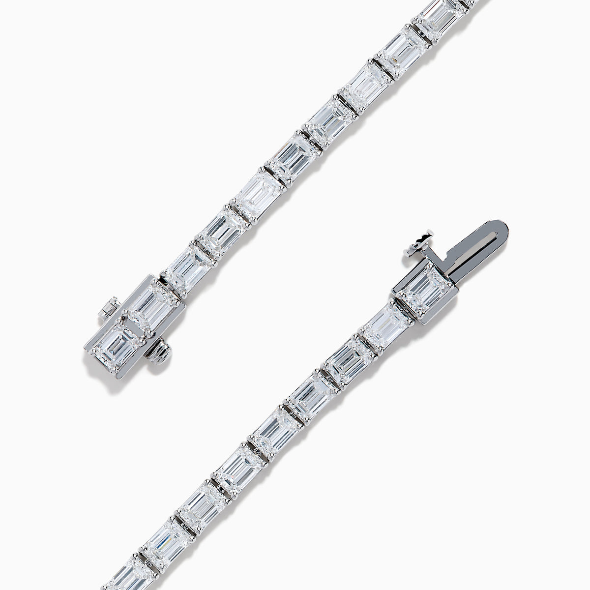 A Lab Grown Emerald Cut Diamond 7.50ct Tennis Bracelet in 14K White Gold is shown, featuring a continuous row of rectangular lab grown diamonds on a plain white background.