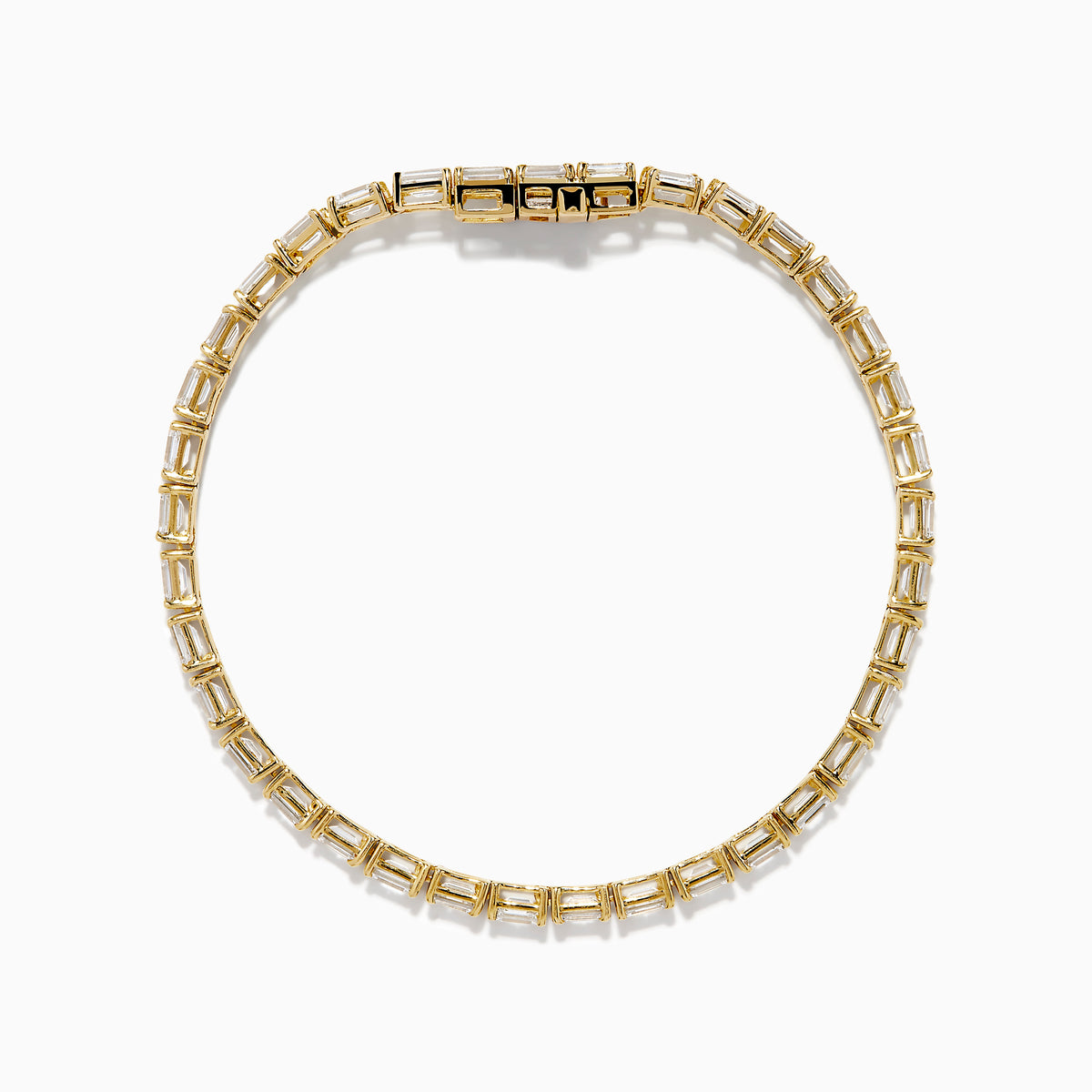 The Lab Grown Emerald Cut Diamond 7.50ct Tennis Bracelet in 14K Yellow Gold features a single row of rectangular lab-grown diamonds, elegantly set and displayed on a plain white background.