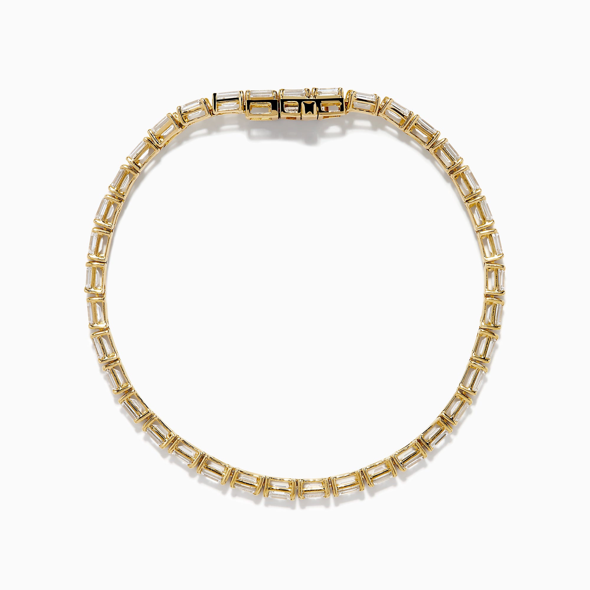 The Lab Grown Emerald Cut Diamond 7.50ct Tennis Bracelet in 14K Yellow Gold features a single row of rectangular lab-grown diamonds, elegantly set and displayed on a plain white background.