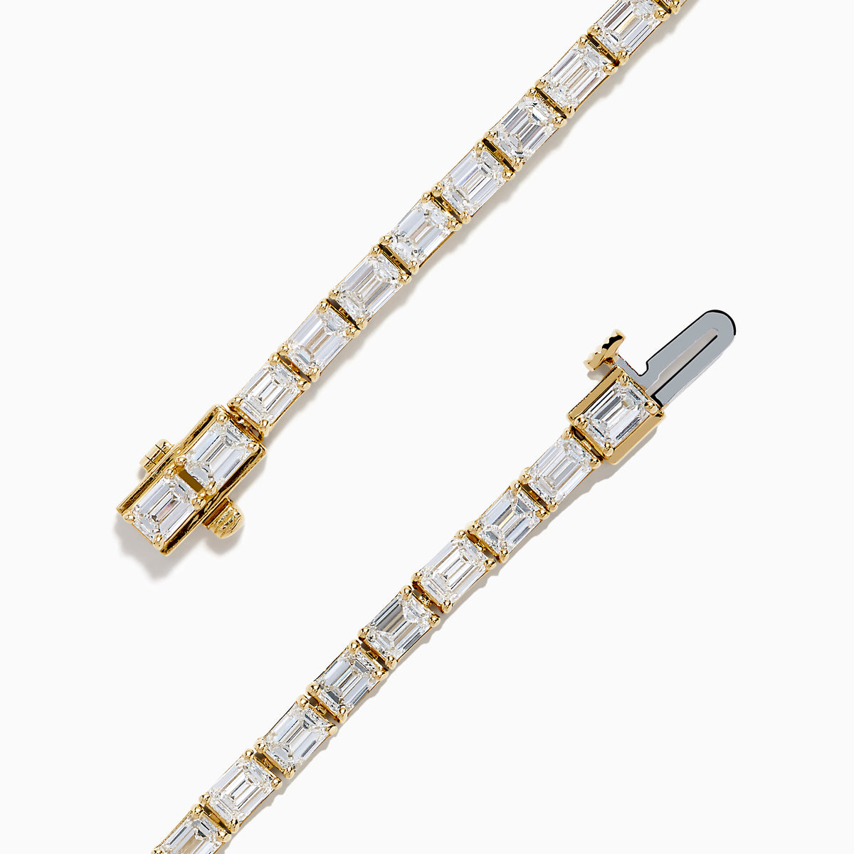 The Lab Grown Emerald Cut Diamond 7.50ct Tennis Bracelet in 14K Yellow Gold features a single row of rectangular lab-grown diamonds, elegantly set and displayed on a plain white background.