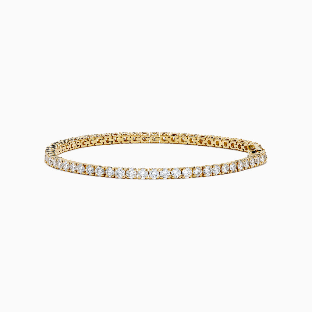 The Lab Grown Round Diamond 5.00ct Tennis Bracelet in 14K Yellow Gold features a single row of sparkling lab grown diamonds, shown on a plain white background.