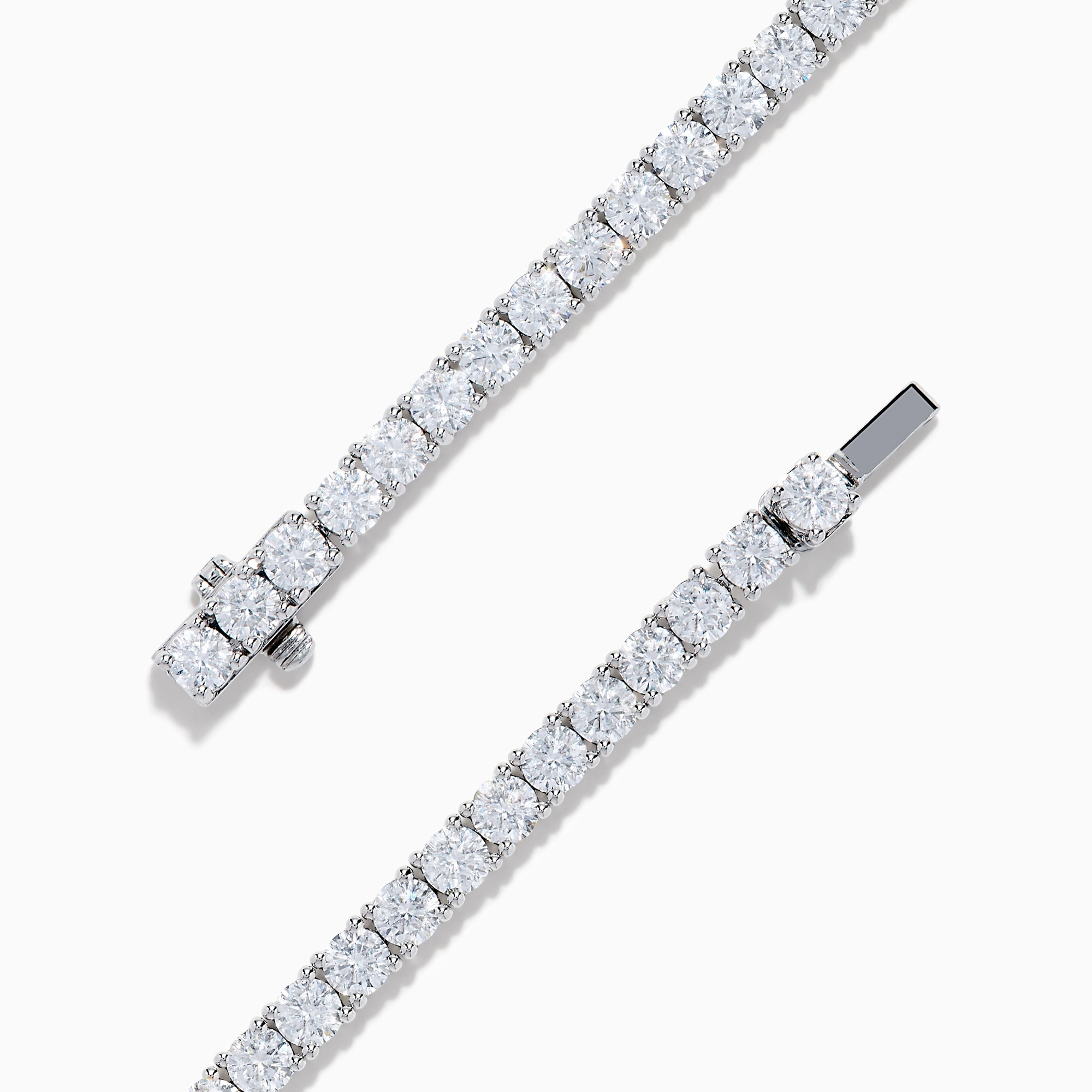 The Lab Grown Round Diamond 7.00ct Tennis Bracelet in 14K White Gold features a continuous row of prong-set lab grown diamonds and is displayed on a white background.