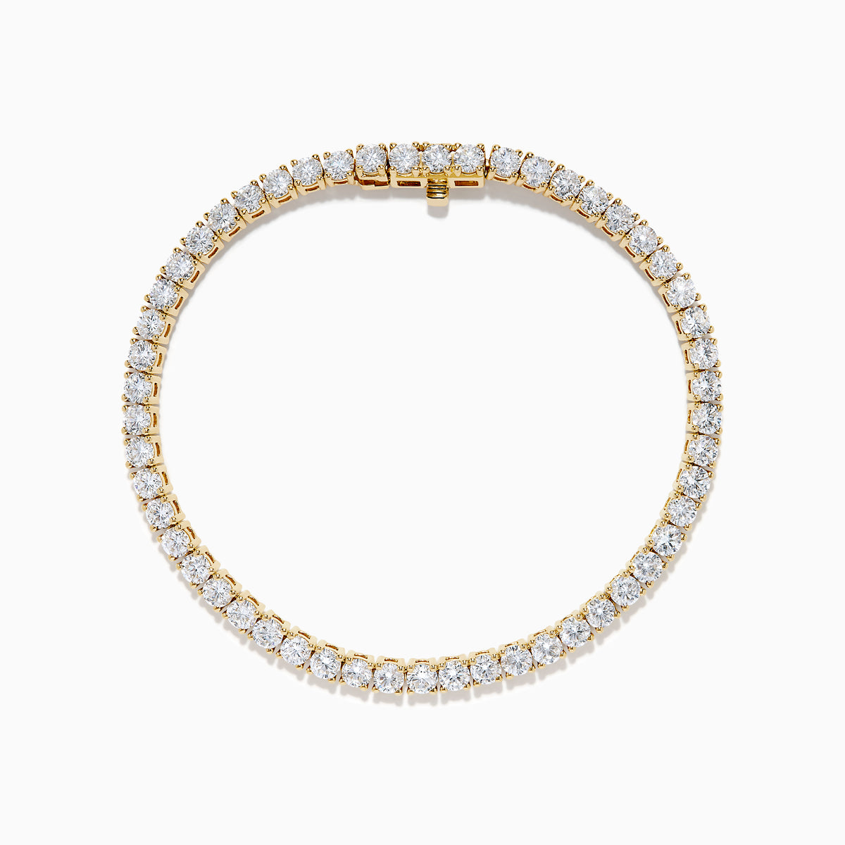 The Lab Grown Round Diamond 7.00ct Tennis Bracelet in 14K Yellow Gold showcases a single row of sparkling lab-grown diamonds set in a continuous line of yellow gold, displayed against a white background.