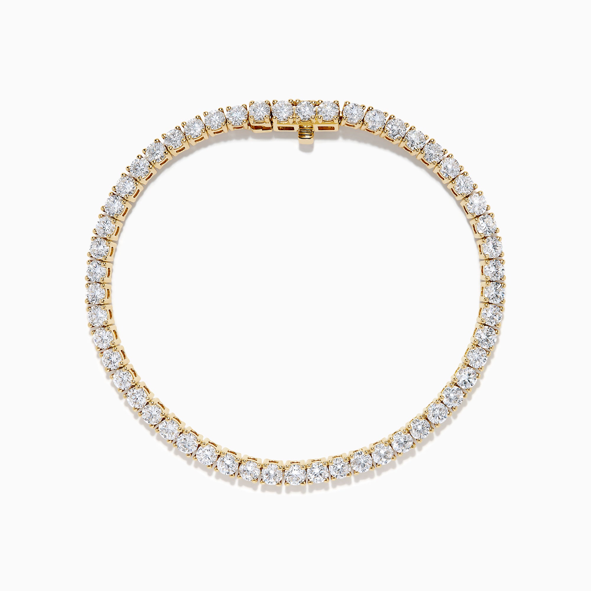 The Lab Grown Round Diamond 7.00ct Tennis Bracelet in 14K Yellow Gold showcases a single row of sparkling lab-grown diamonds set in a continuous line of yellow gold, displayed against a white background.