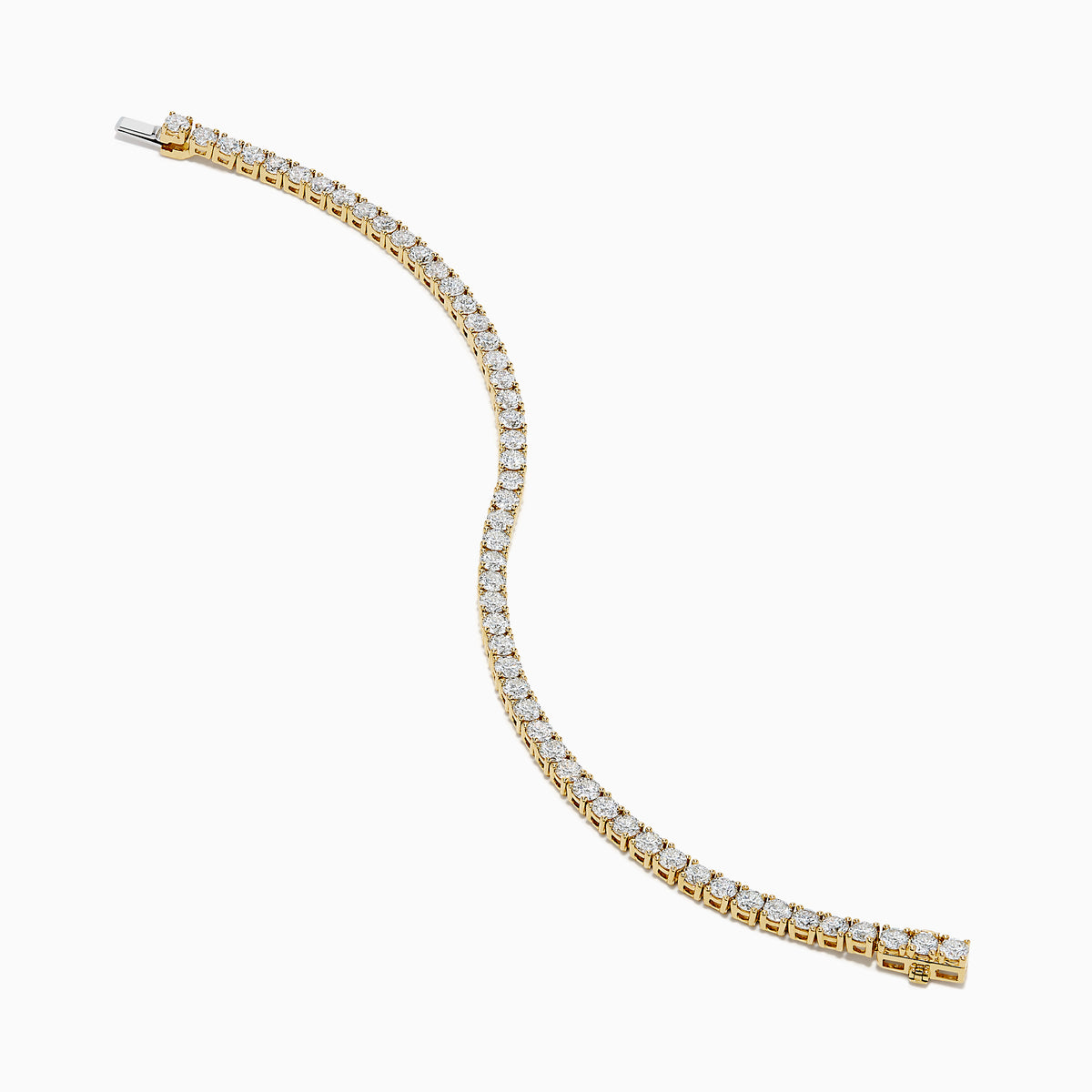 The Lab Grown Round Diamond 7.00ct Tennis Bracelet in 14K Yellow Gold showcases a single row of sparkling lab-grown diamonds set in a continuous line of yellow gold, displayed against a white background.