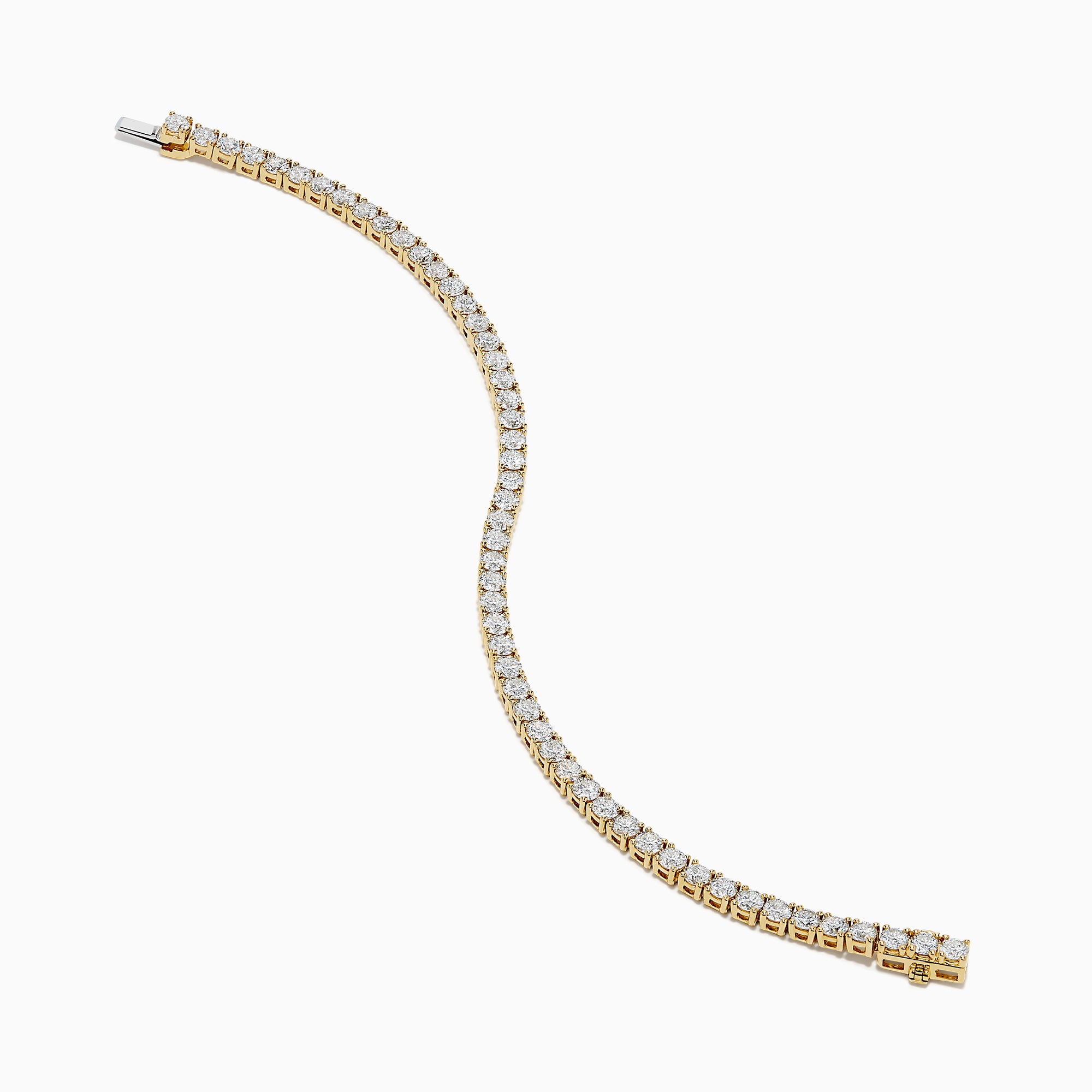 The Lab Grown Round Diamond 7.00ct Tennis Bracelet in 14K Yellow Gold showcases a single row of sparkling lab-grown diamonds set in a continuous line of yellow gold, displayed against a white background.
