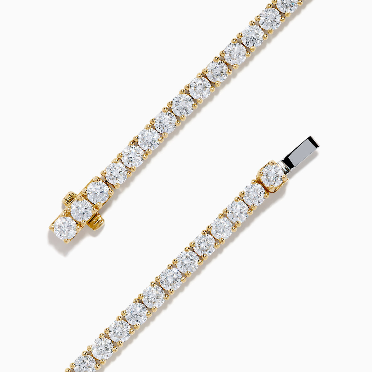 The Lab Grown Round Diamond 7.00ct Tennis Bracelet in 14K Yellow Gold showcases a single row of sparkling lab-grown diamonds set in a continuous line of yellow gold, displayed against a white background.