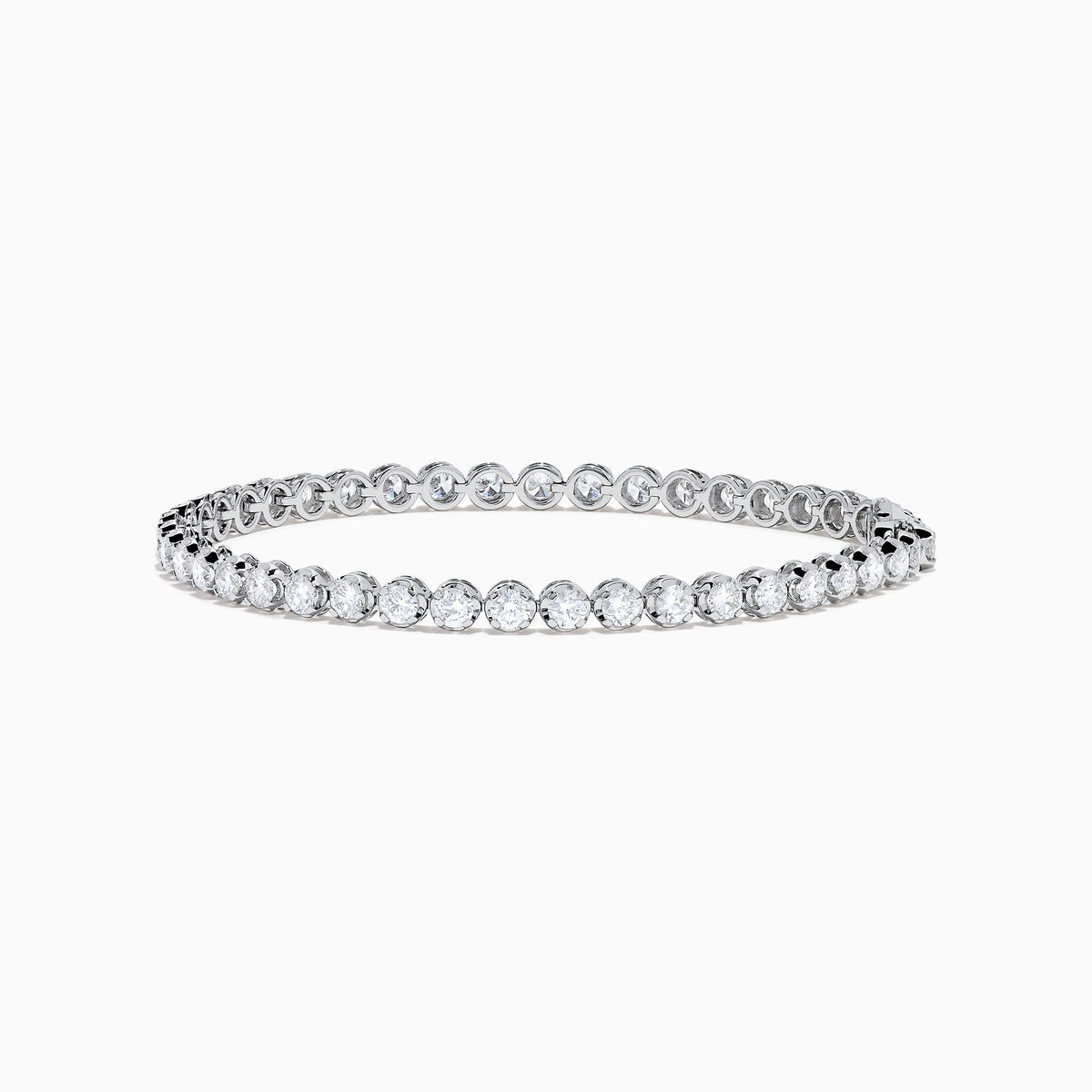 The Lab Grown Round Diamond 5.00ct Cupcake Setting Tennis Bracelet in 14K White Gold features a slender band adorned with a continuous row of sparkling lab grown diamonds.
