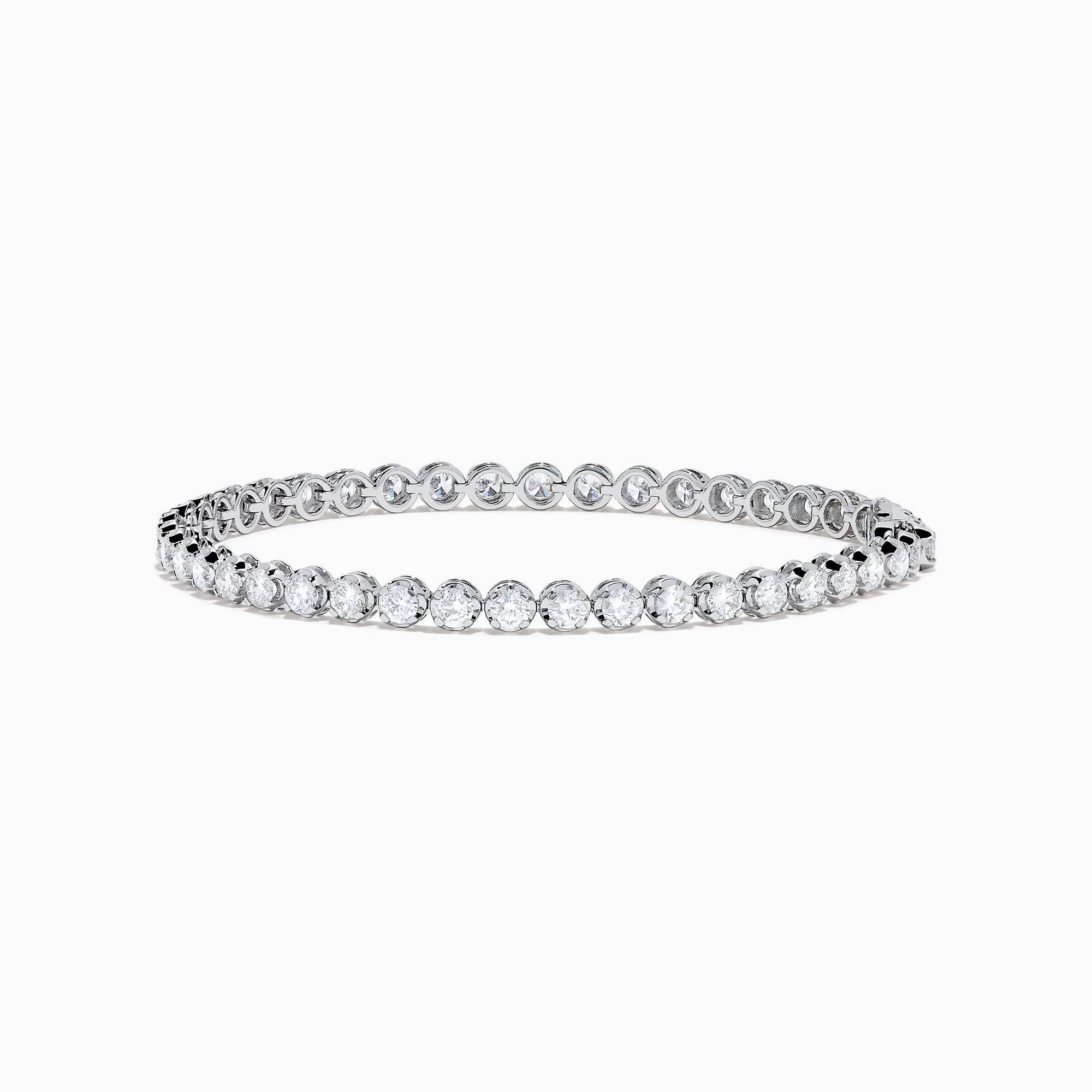 The Lab Grown Round Diamond 5.00ct Cupcake Setting Tennis Bracelet in 14K White Gold features a slender band adorned with a continuous row of sparkling lab grown diamonds.