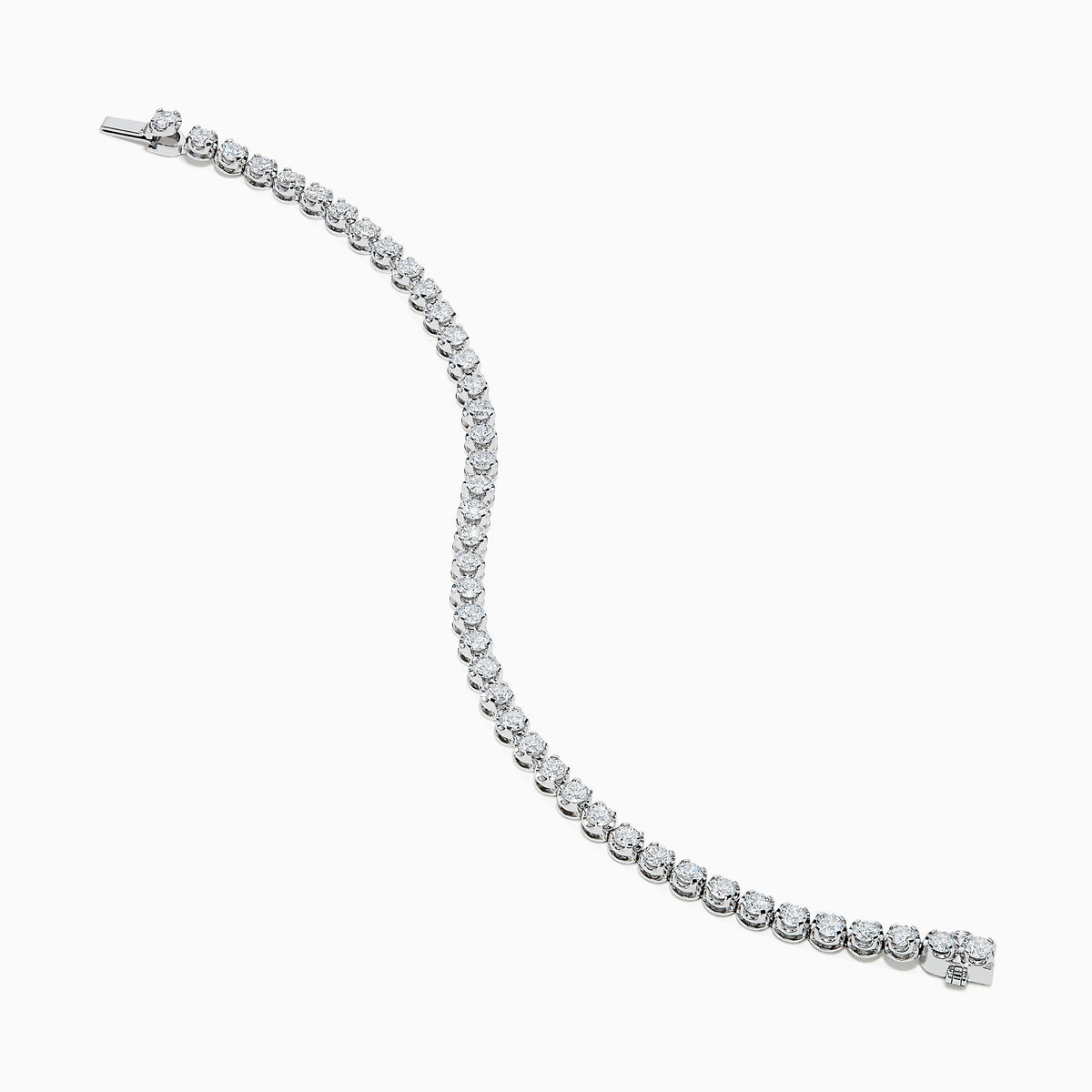 The Lab Grown Round Diamond 5.00ct Cupcake Setting Tennis Bracelet in 14K White Gold features a slender band adorned with a continuous row of sparkling lab grown diamonds.