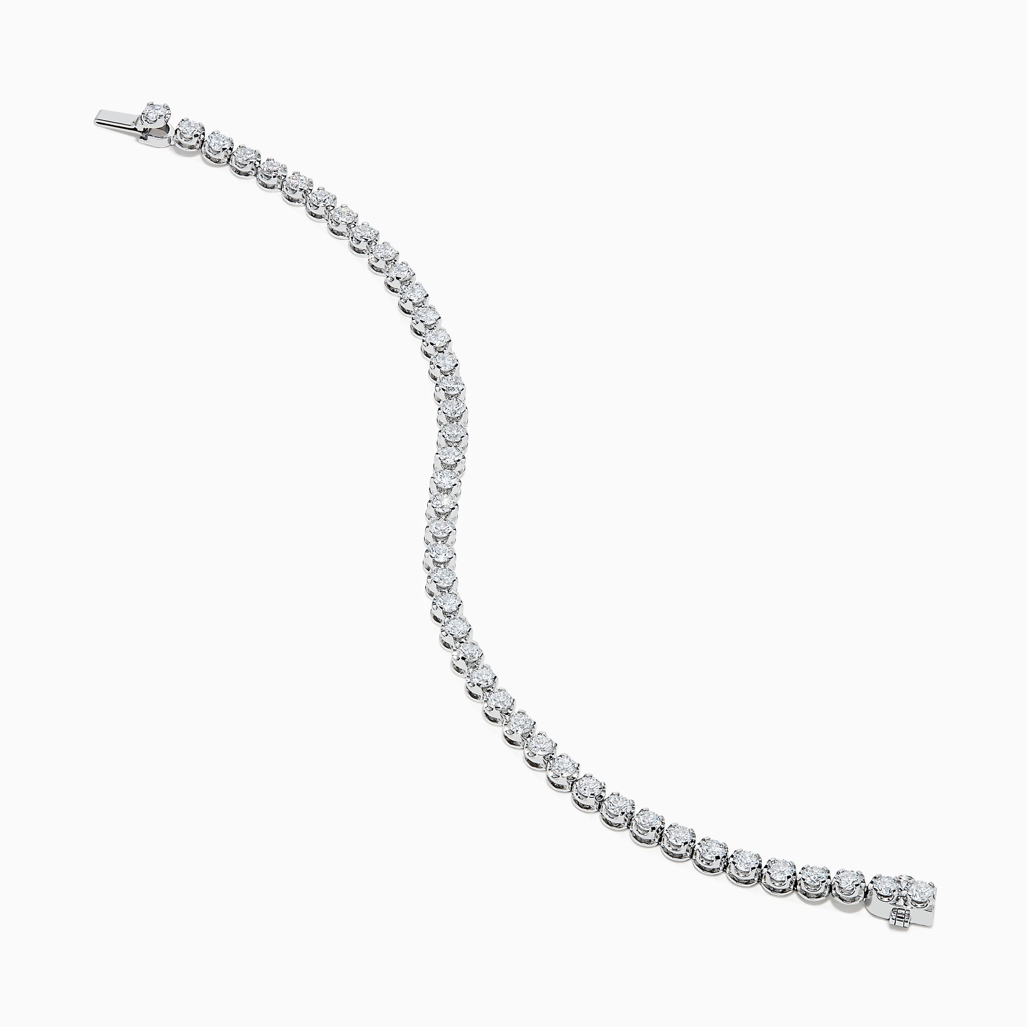 The Lab Grown Round Diamond 5.00ct Cupcake Setting Tennis Bracelet in 14K White Gold features a slender band adorned with a continuous row of sparkling lab grown diamonds.