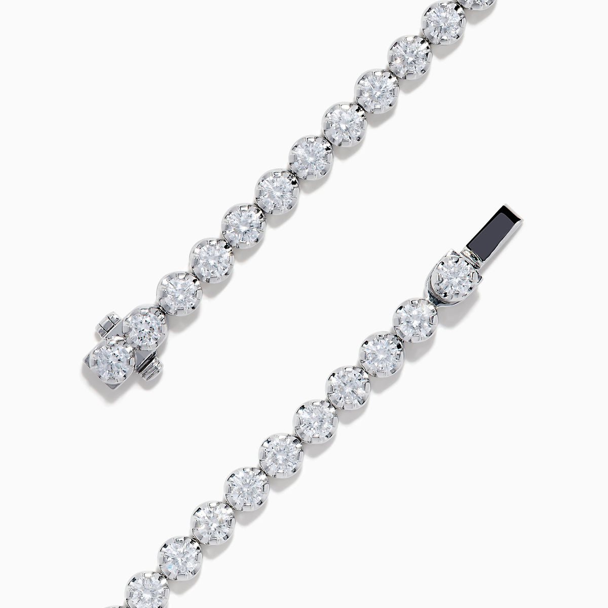 The Lab Grown Round Diamond 5.00ct Cupcake Setting Tennis Bracelet in 14K White Gold features a slender band adorned with a continuous row of sparkling lab grown diamonds.