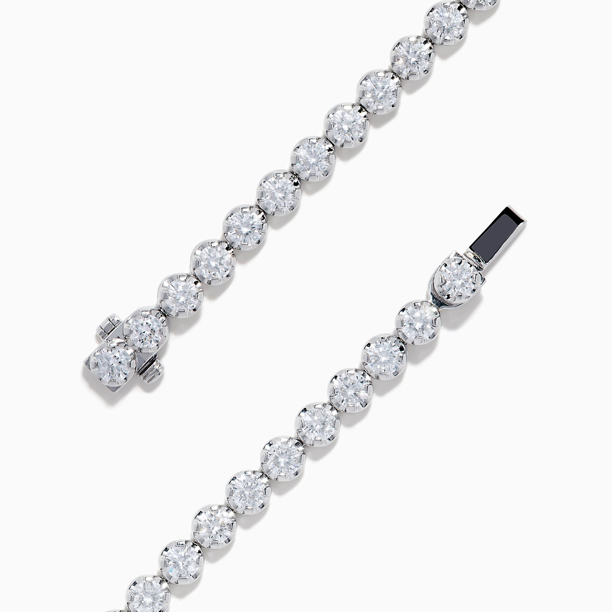The Lab Grown Round Diamond 5.00ct Cupcake Setting Tennis Bracelet in 14K White Gold features a slender band adorned with a continuous row of sparkling lab grown diamonds.