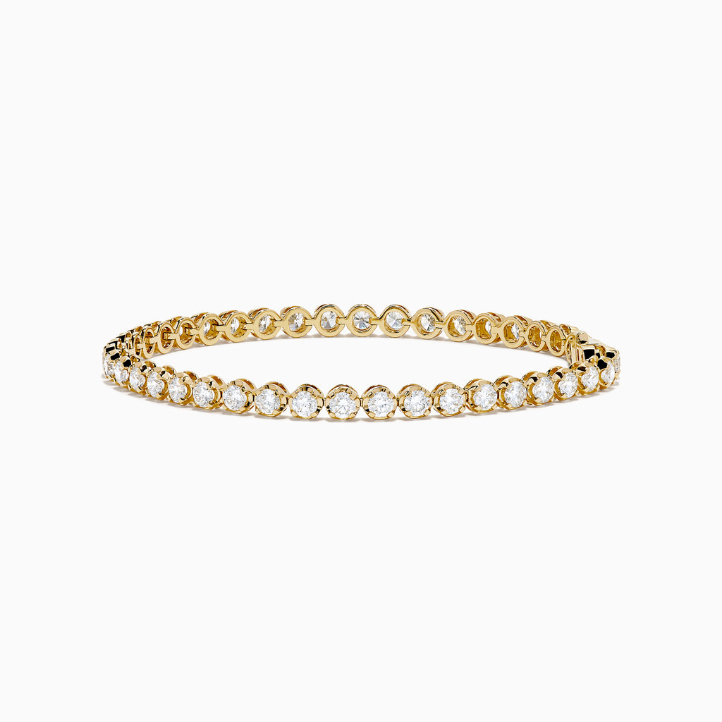The Lab Grown Round Diamond 5.00ct Cupcake Setting Tennis Bracelet in 14K Yellow Gold features a single row of prong-set lab grown diamonds, shown against a white background.