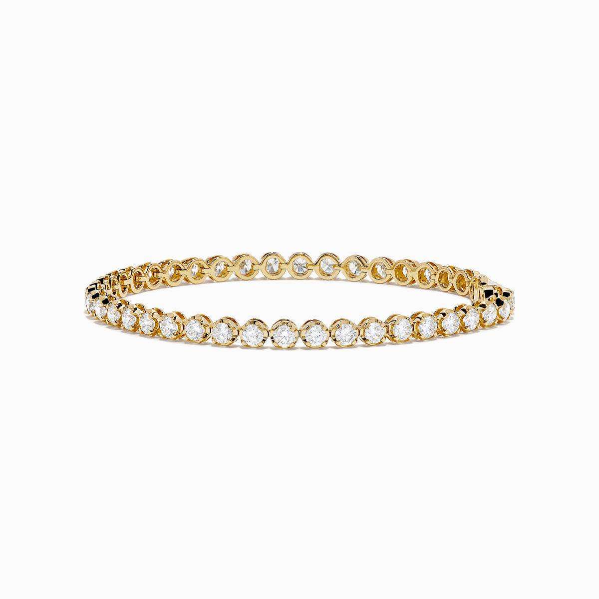 The Lab Grown Round Diamond 5.00ct Cupcake Setting Tennis Bracelet in 14K Yellow Gold features a single row of prong-set lab grown diamonds, shown against a white background.