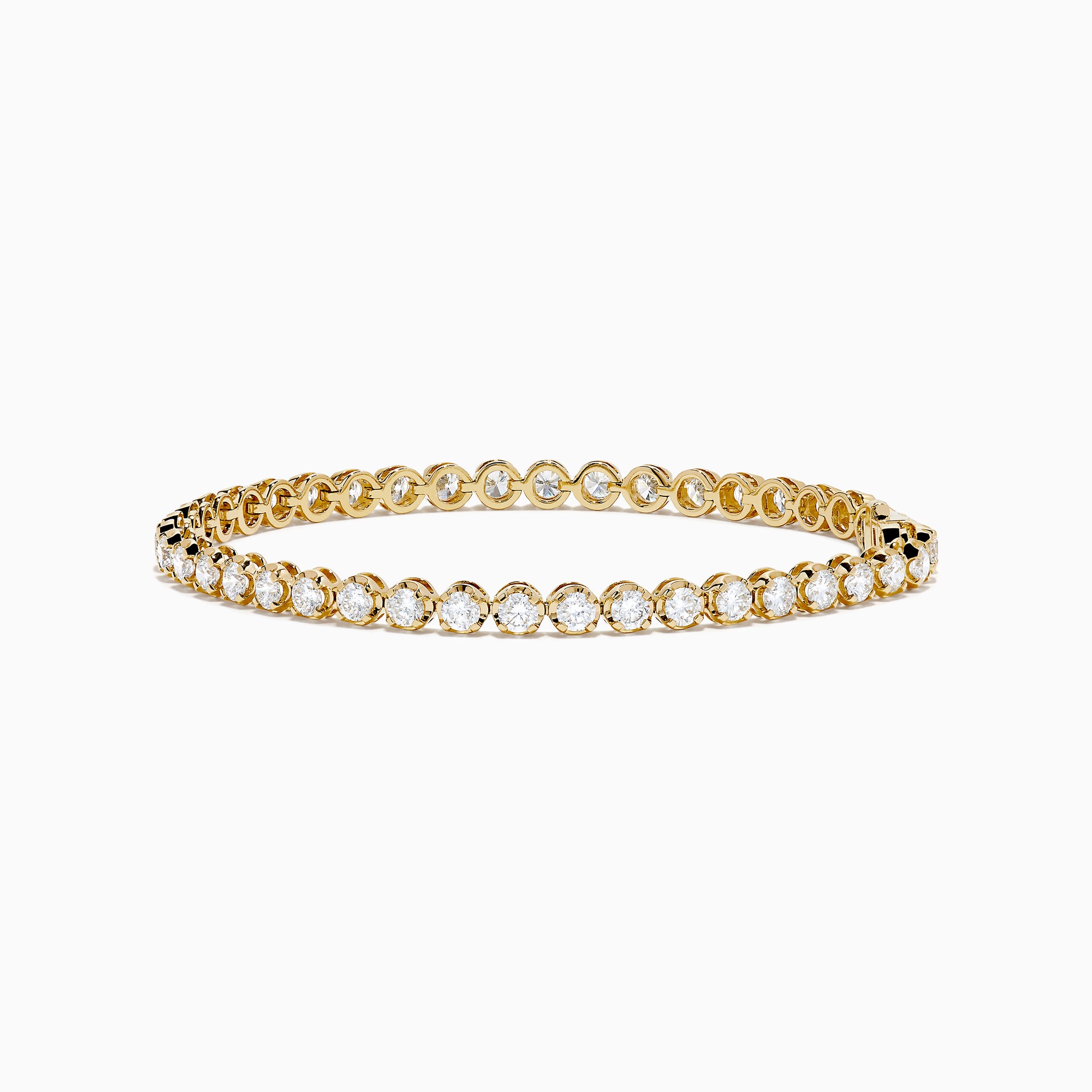 The Lab Grown Round Diamond 5.00ct Cupcake Setting Tennis Bracelet in 14K Yellow Gold features a single row of prong-set lab grown diamonds, shown against a white background.