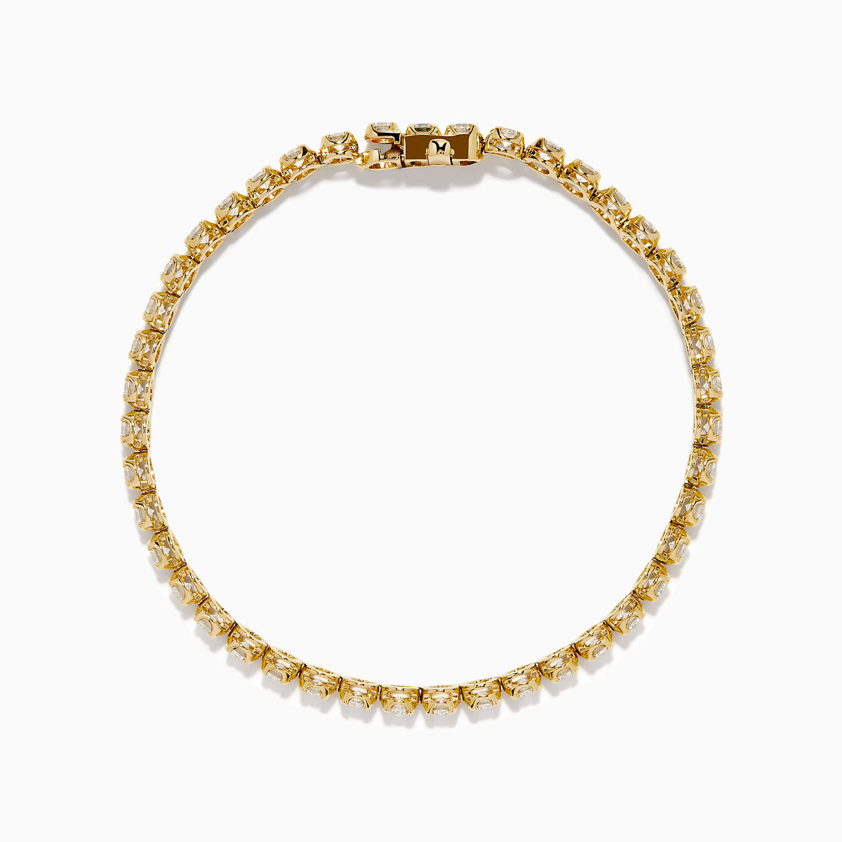 The Lab Grown Round Diamond 5.00ct Cupcake Setting Tennis Bracelet in 14K Yellow Gold features a single row of prong-set lab grown diamonds, shown against a white background.