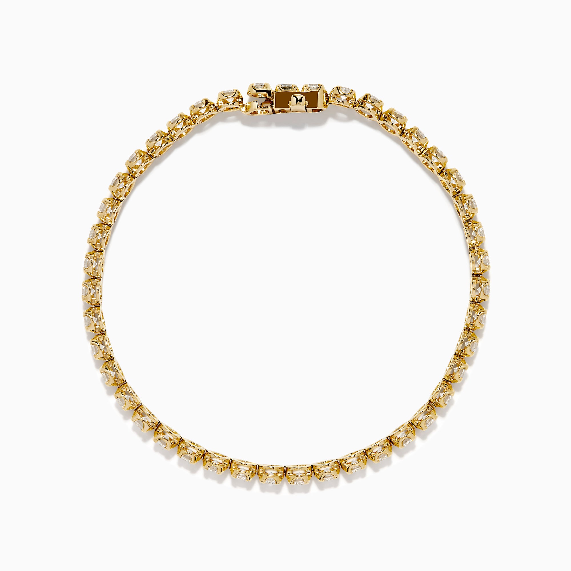 The Lab Grown Round Diamond 5.00ct Cupcake Setting Tennis Bracelet in 14K Yellow Gold features a single row of prong-set lab grown diamonds, shown against a white background.