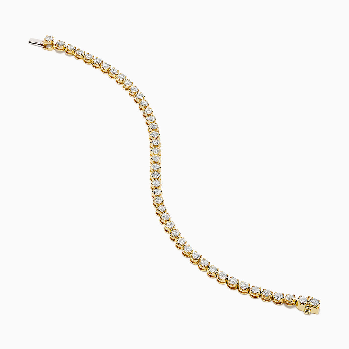 The Lab Grown Round Diamond 5.00ct Cupcake Setting Tennis Bracelet in 14K Yellow Gold features a single row of prong-set lab grown diamonds, shown against a white background.