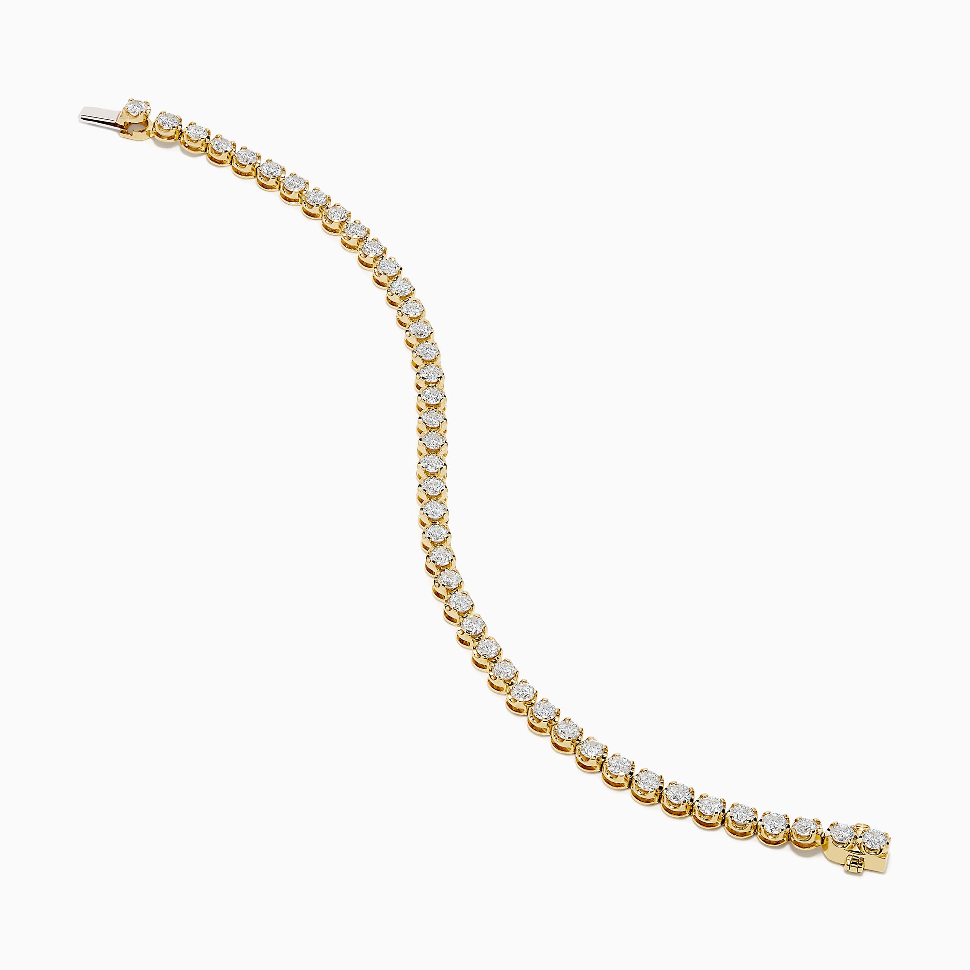 The Lab Grown Round Diamond 5.00ct Cupcake Setting Tennis Bracelet in 14K Yellow Gold features a single row of prong-set lab grown diamonds, shown against a white background.