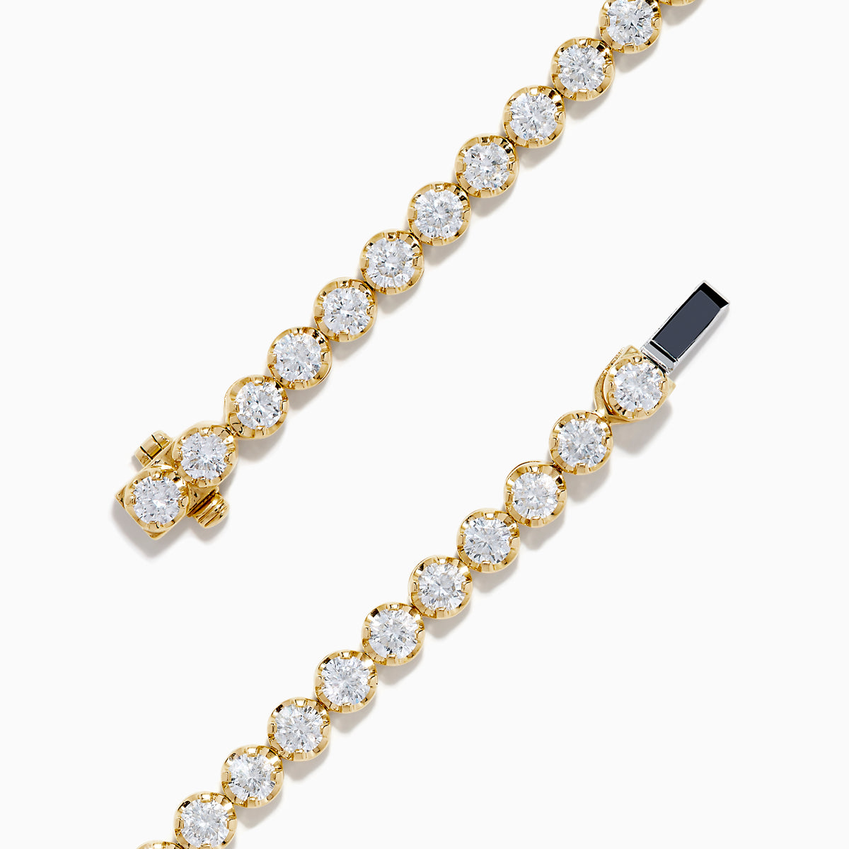 The Lab Grown Round Diamond 5.00ct Cupcake Setting Tennis Bracelet in 14K Yellow Gold features a single row of prong-set lab grown diamonds, shown against a white background.