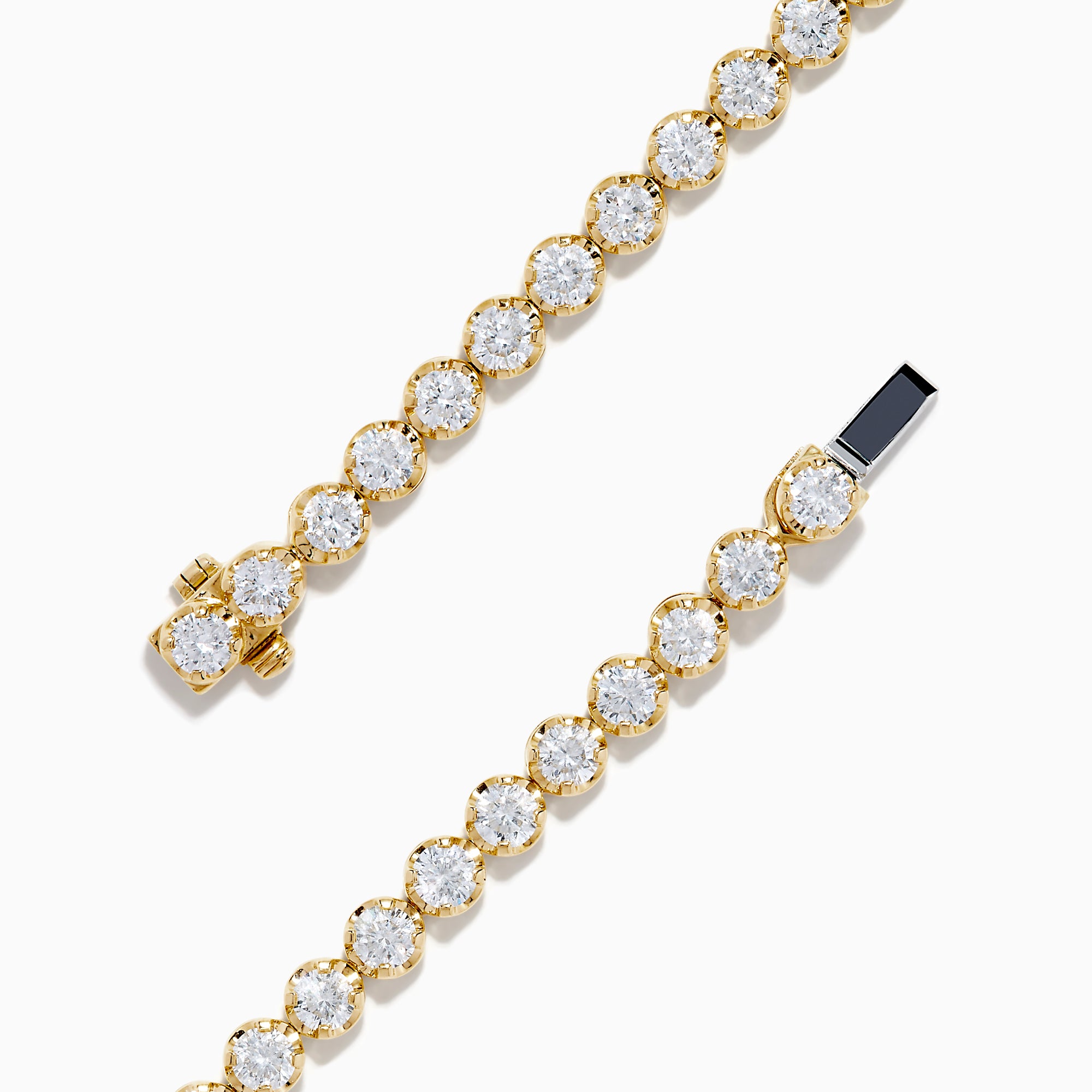 The Lab Grown Round Diamond 5.00ct Cupcake Setting Tennis Bracelet in 14K Yellow Gold features a single row of prong-set lab grown diamonds, shown against a white background.