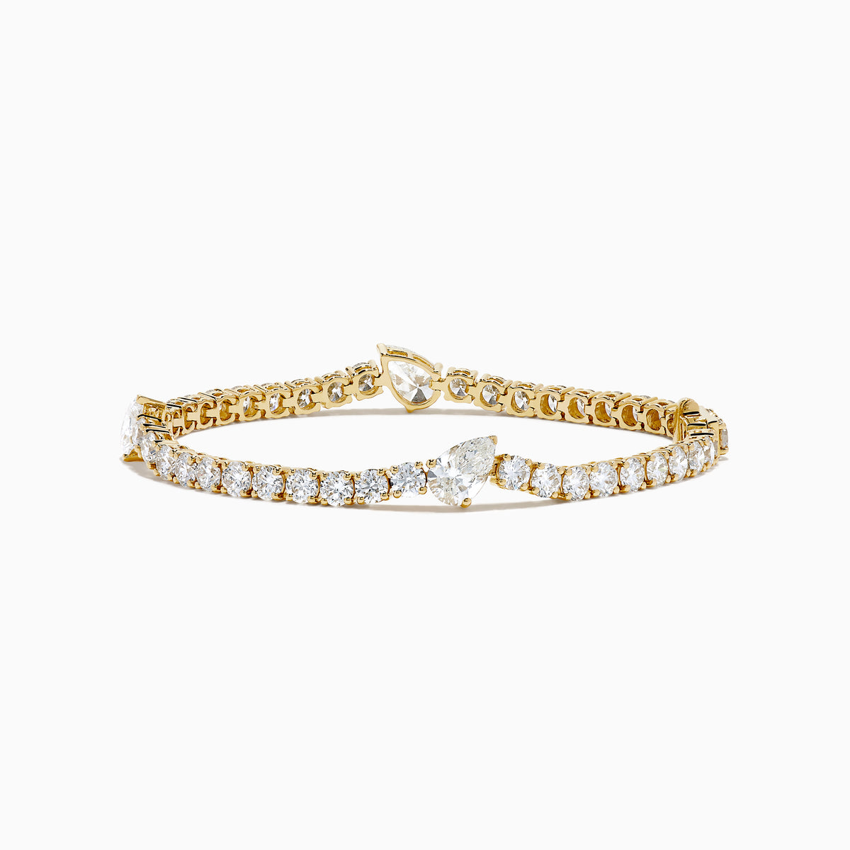 The Lab Grown Pear and Round Diamond 10.00ct Tennis Bracelet in 14K Yellow Gold features a striking, symmetrical design and secure clasp—a stunning alternative to traditional diamond bracelets.