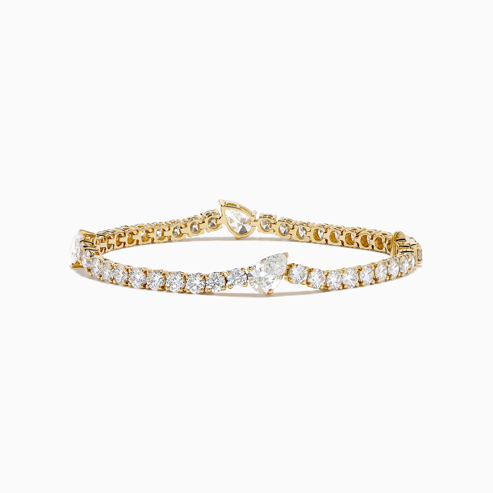 The Lab Grown Pear and Round Diamond 10.00ct Tennis Bracelet in 14K Yellow Gold features a striking, symmetrical design and secure clasp—a stunning alternative to traditional diamond bracelets.