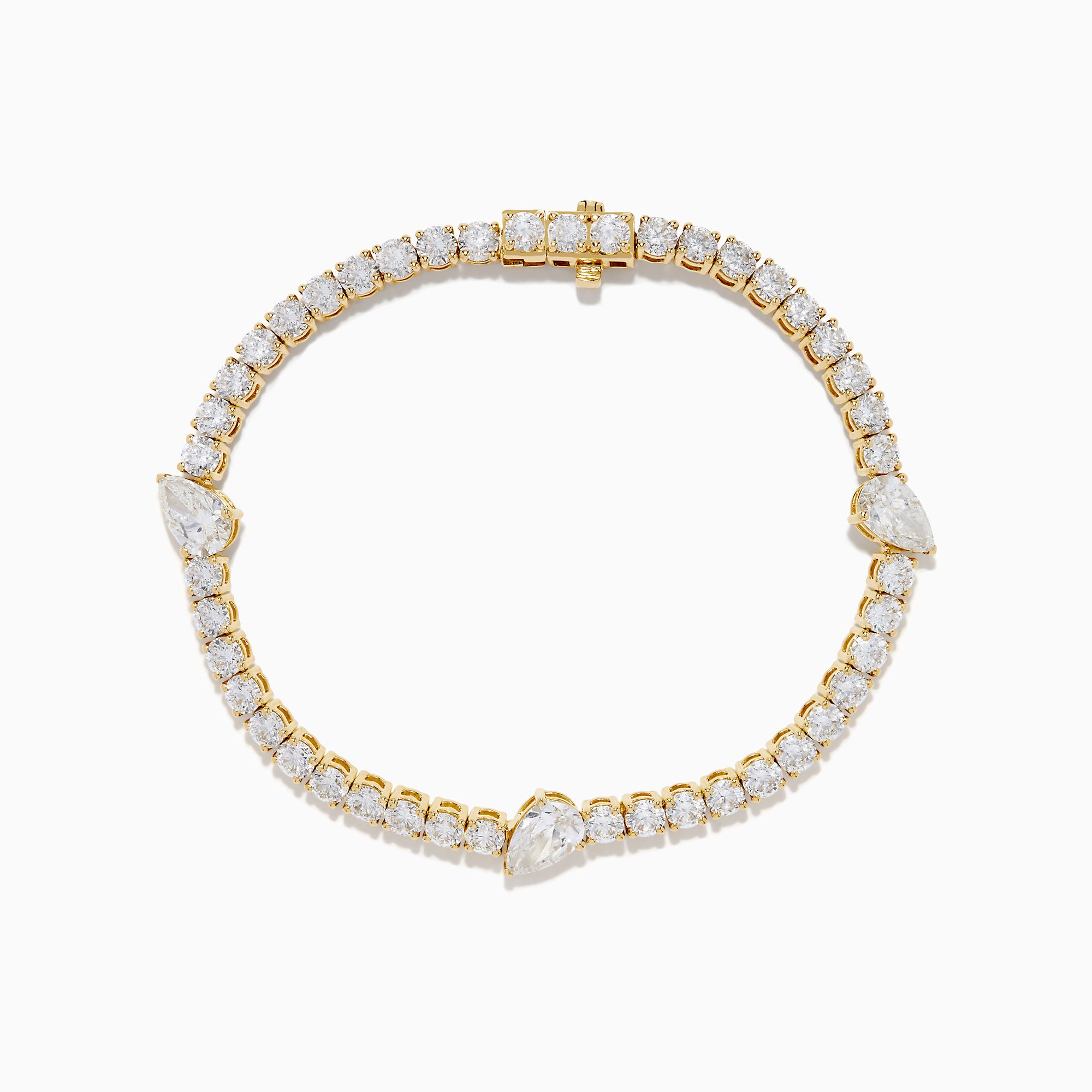 The Lab Grown Pear and Round Diamond 10.00ct Tennis Bracelet in 14K Yellow Gold features a striking, symmetrical design and secure clasp—a stunning alternative to traditional diamond bracelets.
