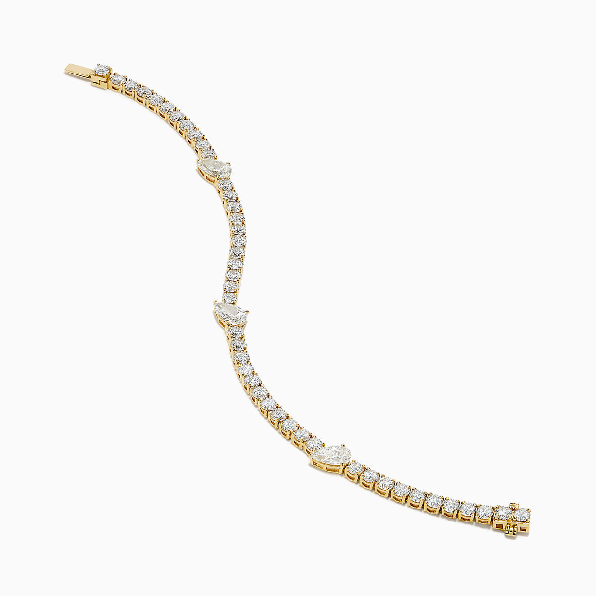The Lab Grown Pear and Round Diamond 10.00ct Tennis Bracelet in 14K Yellow Gold features a striking, symmetrical design and secure clasp—a stunning alternative to traditional diamond bracelets.