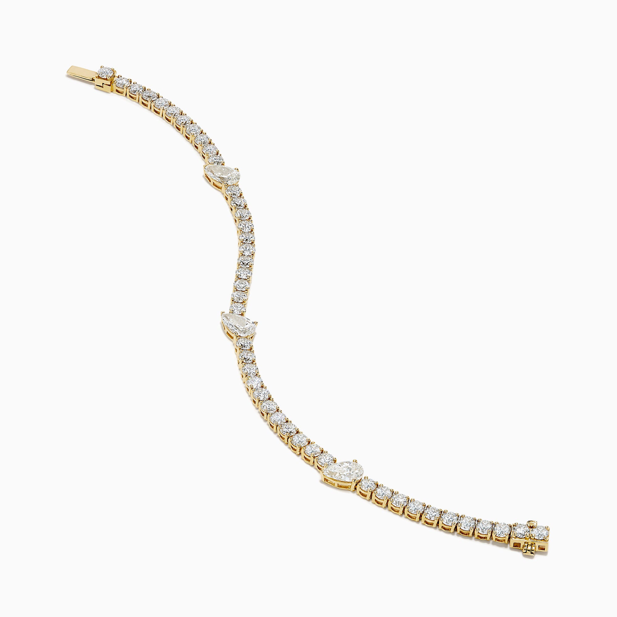 The Lab Grown Pear and Round Diamond 10.00ct Tennis Bracelet in 14K Yellow Gold features a striking, symmetrical design and secure clasp—a stunning alternative to traditional diamond bracelets.