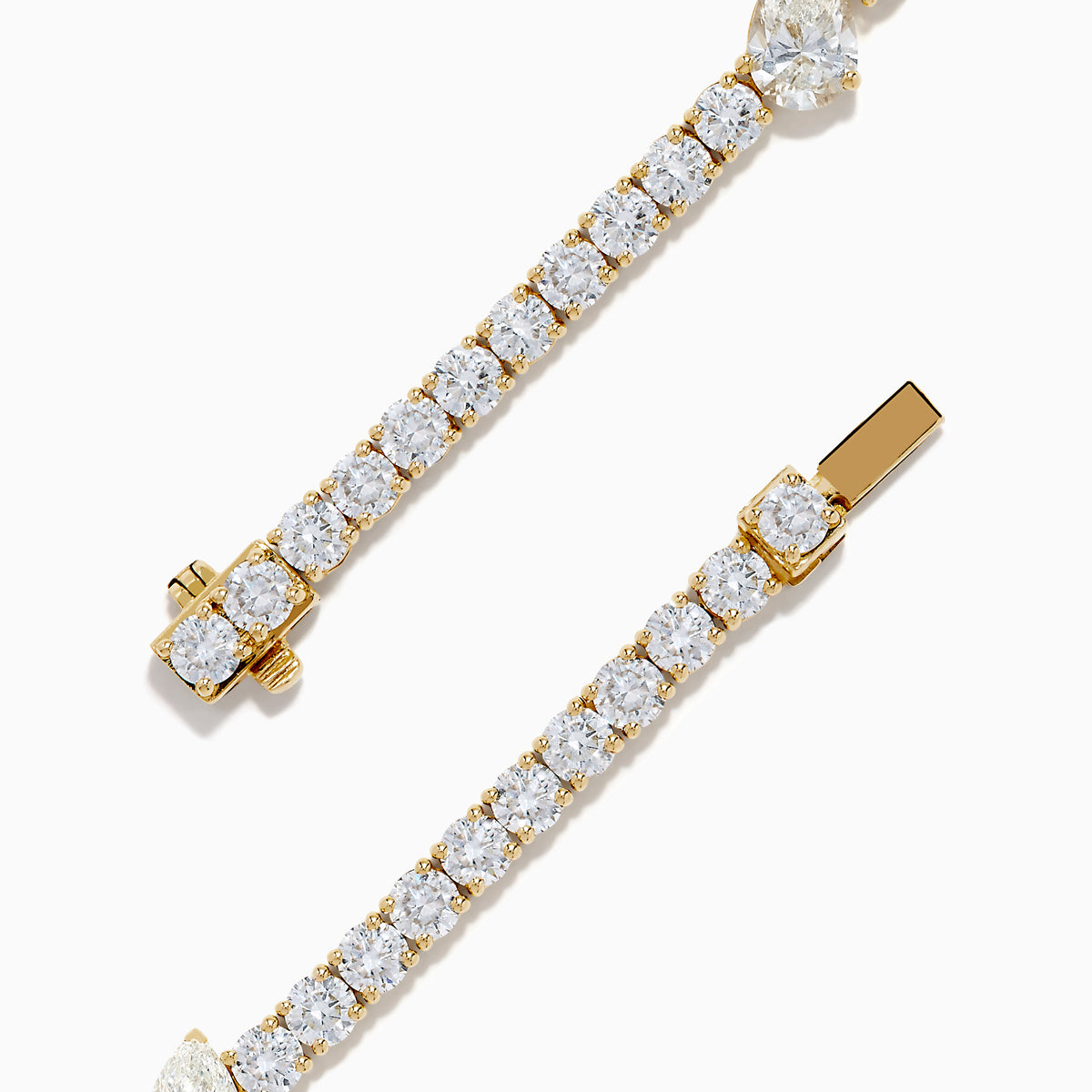 The Lab Grown Pear and Round Diamond 10.00ct Tennis Bracelet in 14K Yellow Gold features a striking, symmetrical design and secure clasp—a stunning alternative to traditional diamond bracelets.