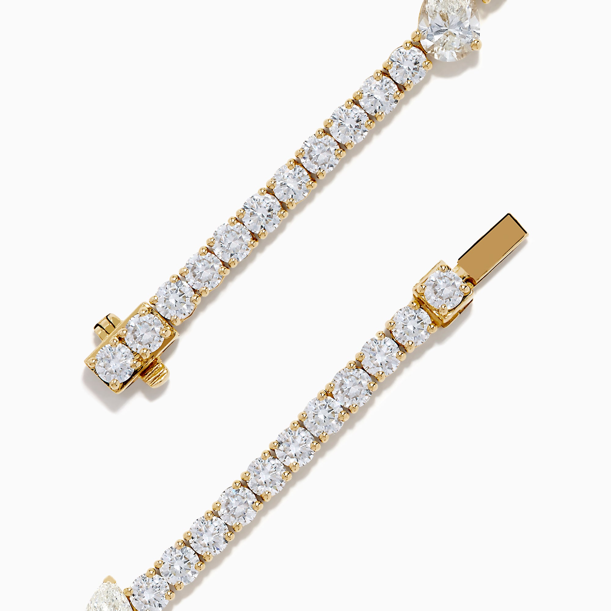 The Lab Grown Pear and Round Diamond 10.00ct Tennis Bracelet in 14K Yellow Gold features a striking, symmetrical design and secure clasp—a stunning alternative to traditional diamond bracelets.