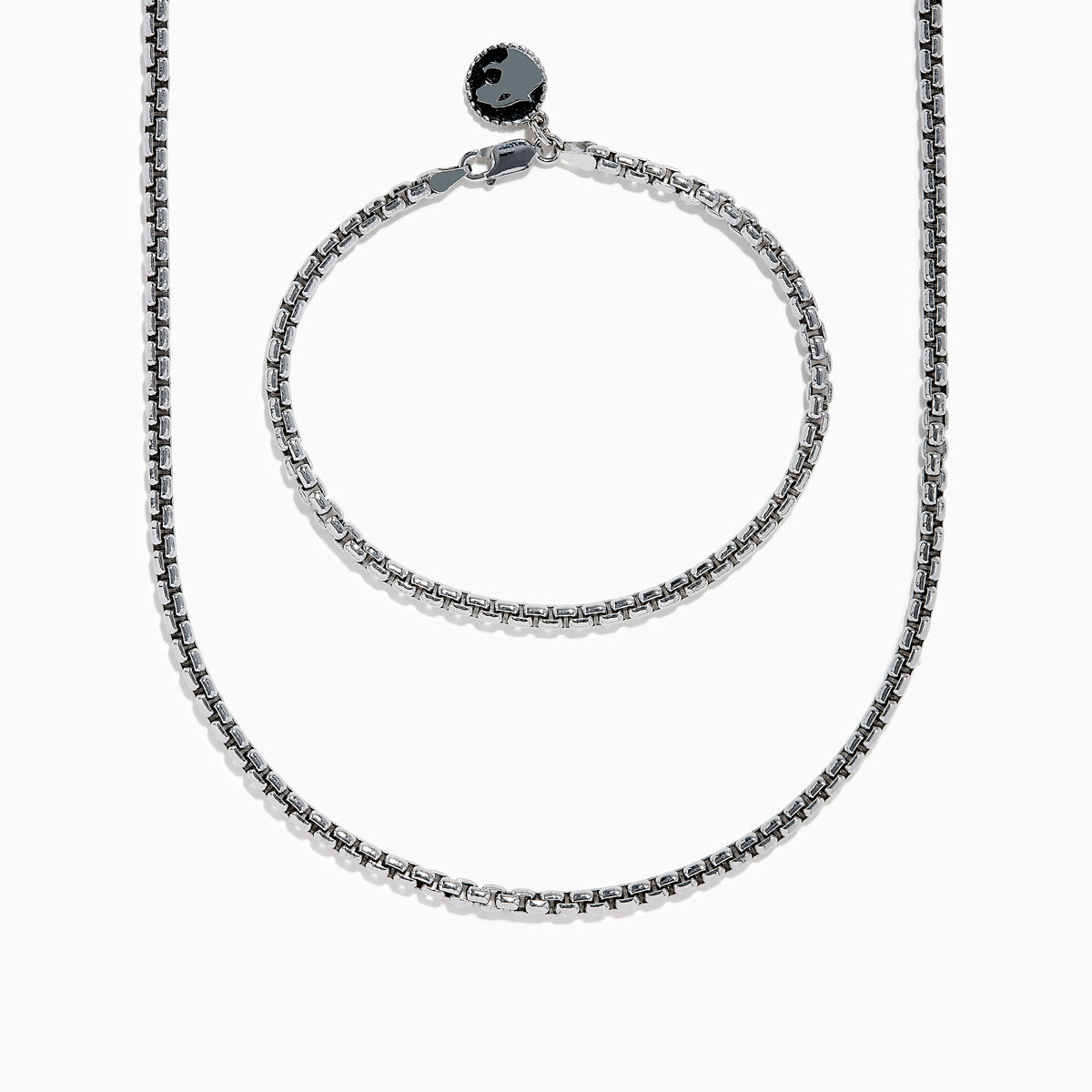 The Mens 925 Sterling Silver Minimalist Necklace and Bracelet Set is displayed on a white background, featuring a classic link design with round clasps.
