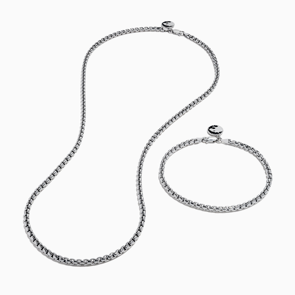 The Mens 925 Sterling Silver Minimalist Necklace and Bracelet Set is displayed on a white background, featuring a classic link design with round clasps.