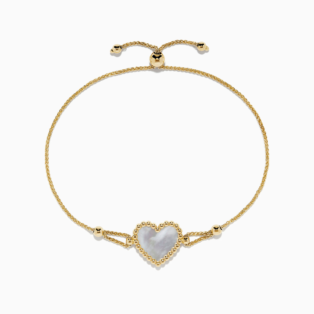 The 14K Yellow Gold Mother of Pearl Heart Bolo Bracelet features a central heart-shaped Mother of Pearl framed by gold beads, with an adjustable slider clasp on a delicate gold chain.