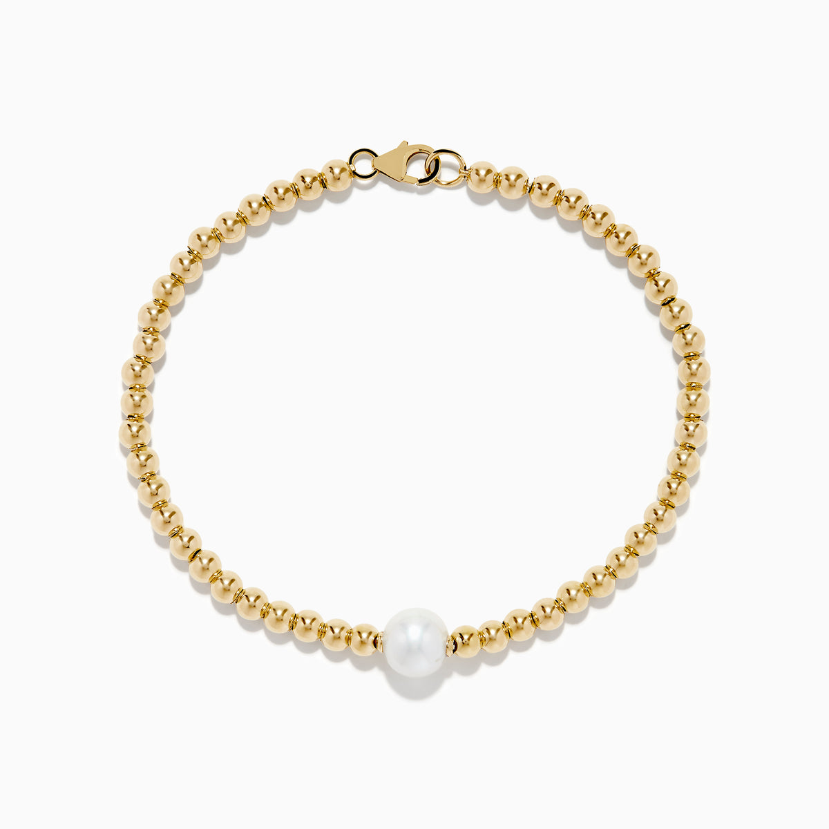 The 14K Yellow Gold Cultured Fresh Water Pearl Beaded Bracelet features a circular design with a central freshwater pearl and secures with a lobster clasp.