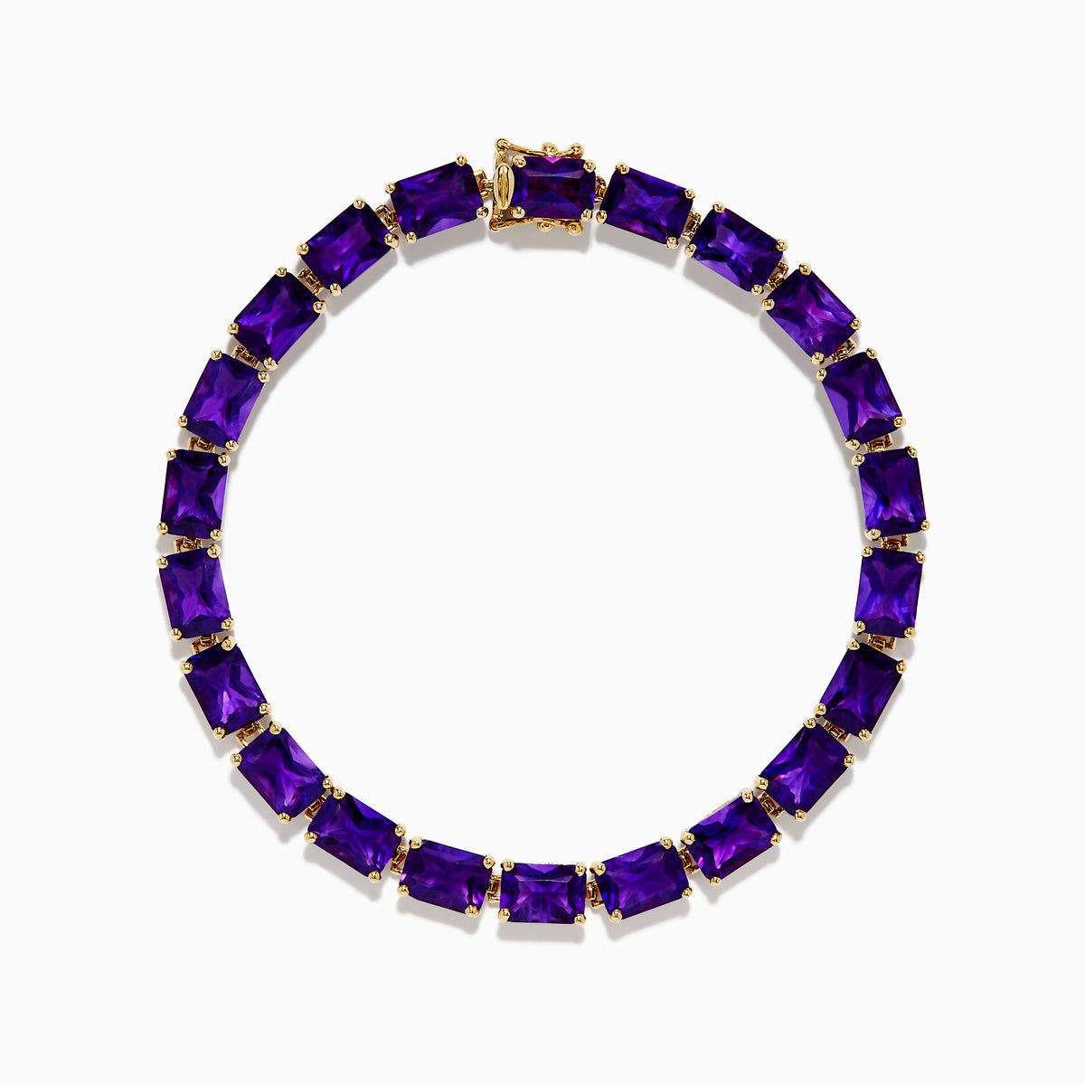The 14K Yellow Gold Radiant Cut Amethyst Tennis Bracelet showcases a row of radiant cut amethysts in prong settings, displayed against a white background.