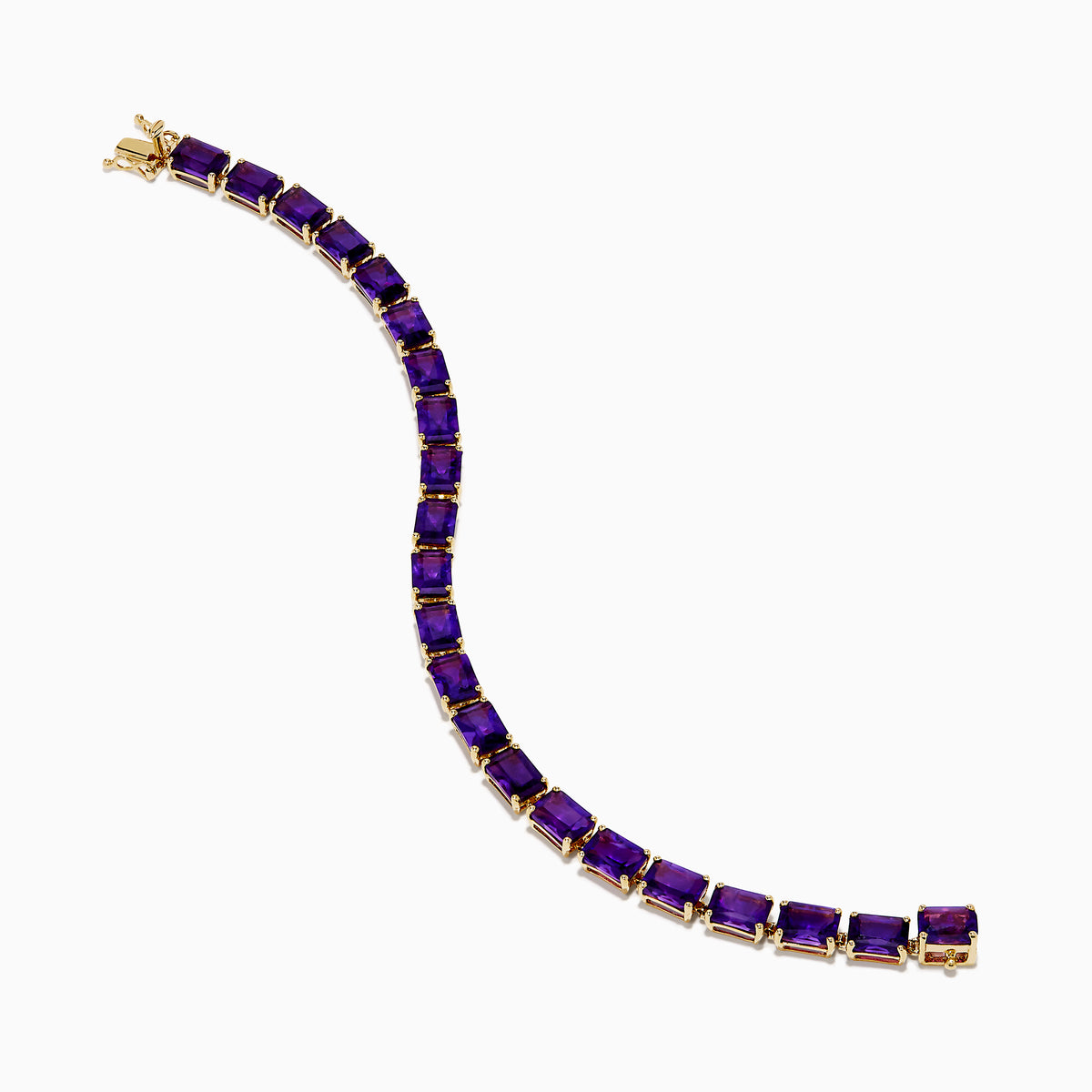 The 14K Yellow Gold Radiant Cut Amethyst Tennis Bracelet showcases a row of radiant cut amethysts in prong settings, displayed against a white background.