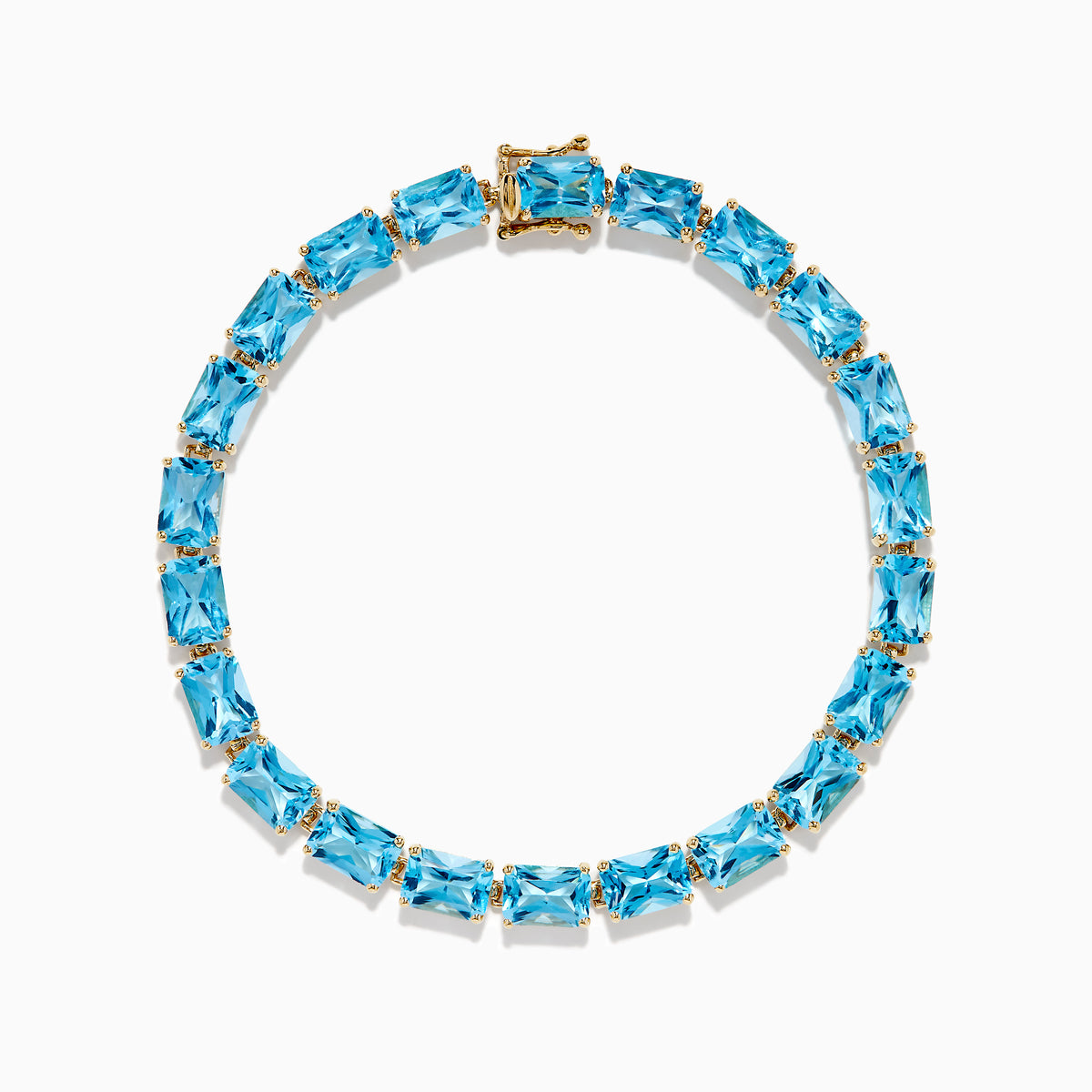 The Ocean Bleu 14K Yellow Gold Radiant Cut Blue Topaz Tennis Bracelet features rectangular blue topaz gemstones set in individual links, displayed on a plain white background.